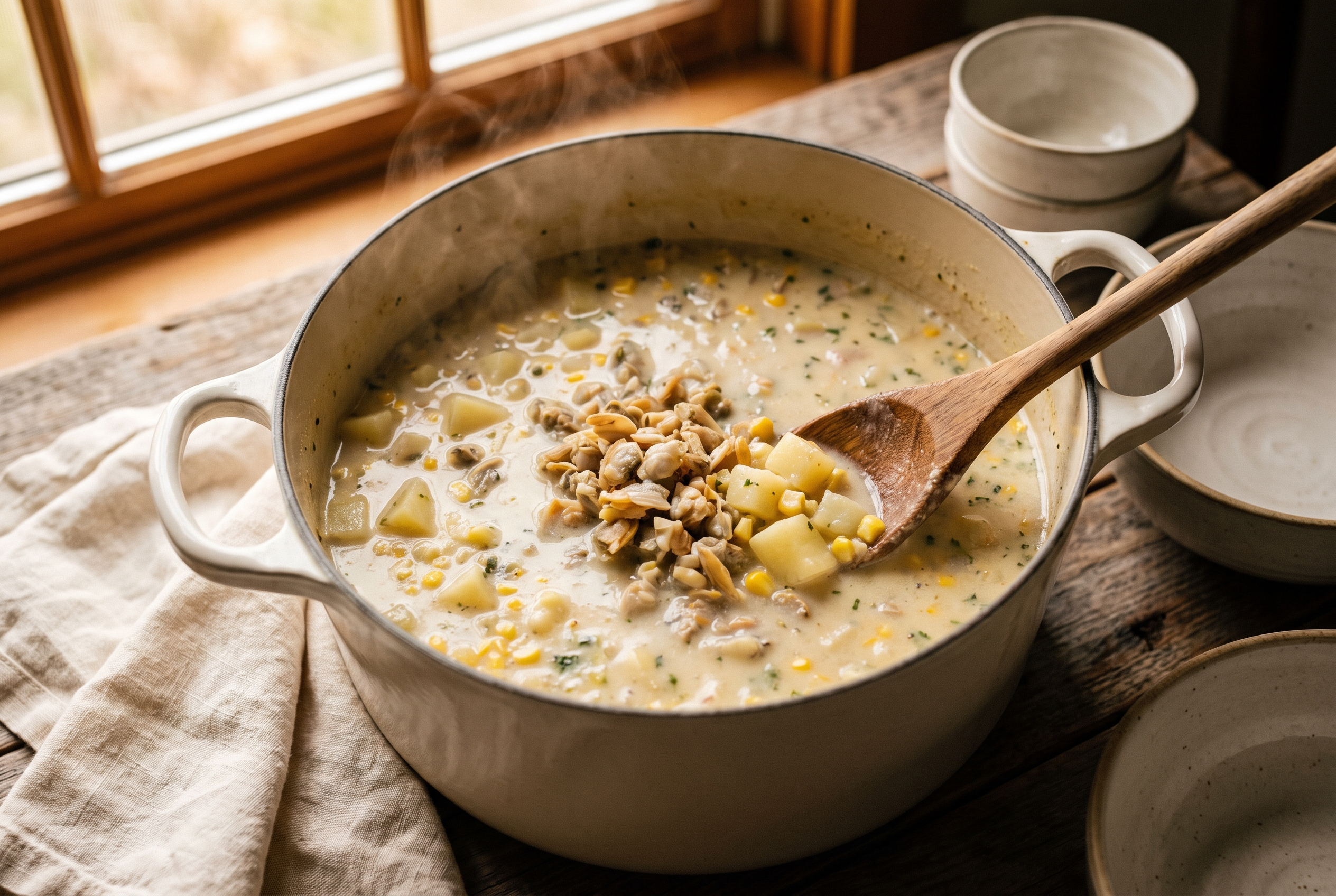 Diced potatoes simmering in creamy chowder broth with clams being stirred in at the end
