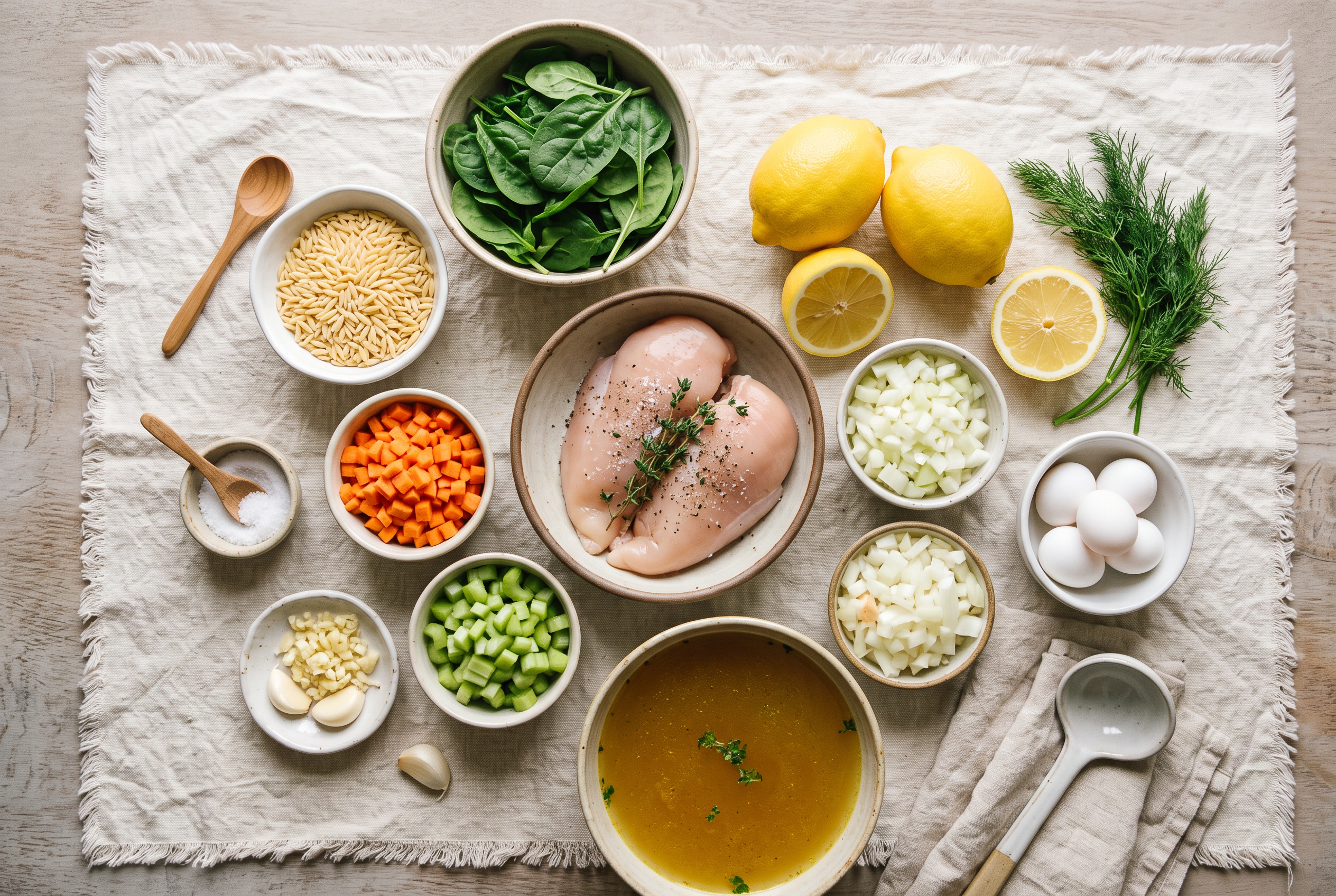 Ingredients for Mediterranean lemon chicken soup in small bowls — chicken breasts, orzo, spinach, lemons, eggs, dill, carrots, celery, onion, garlic and chicken broth