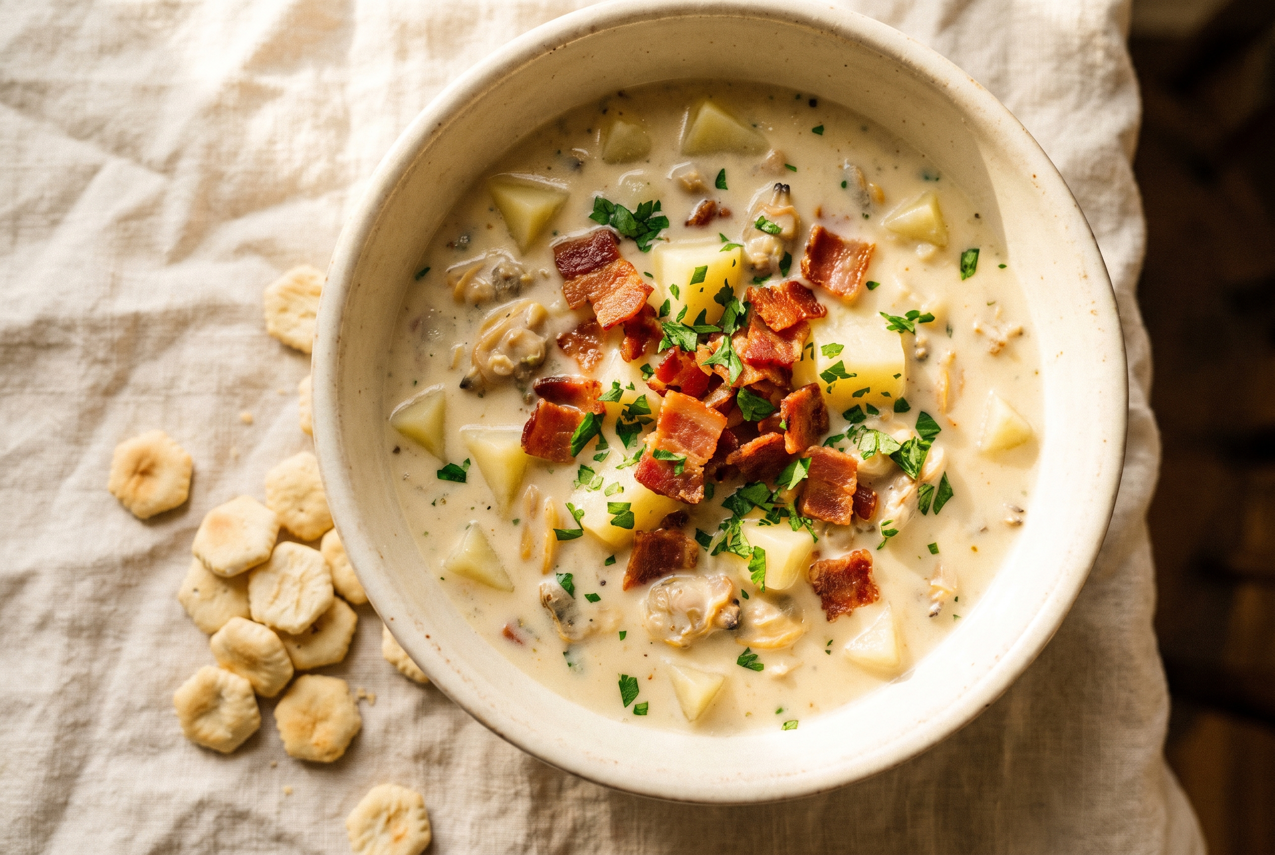 New England clam chowder in a cream bowl — thick creamy chowder with potatoes, clams, bacon and fresh parsley, easy comfort food soup recipe