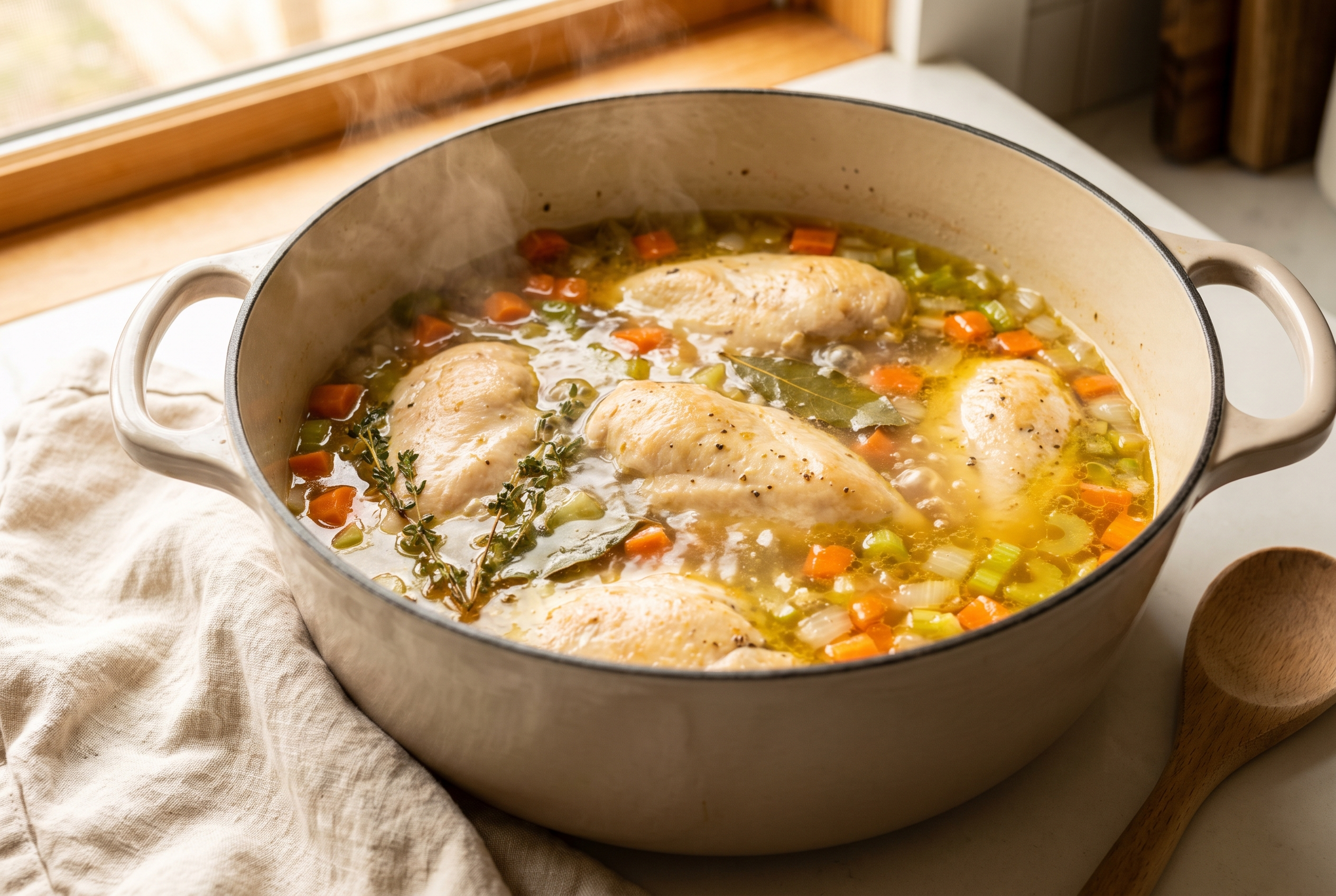 Chicken breasts simmering with carrots, celery and onion in golden broth for Mediterranean lemon chicken soup