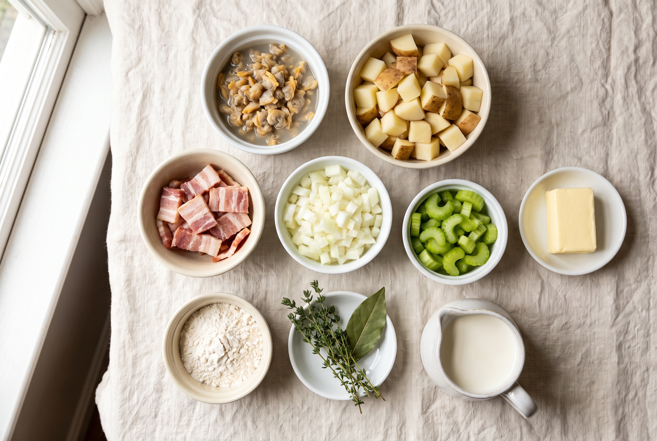 Ingredients for New England clam chowder in small bowls — canned clams and clam juice, russet potatoes, bacon, onion, celery, butter, flour, thyme, bay leaf and half and half