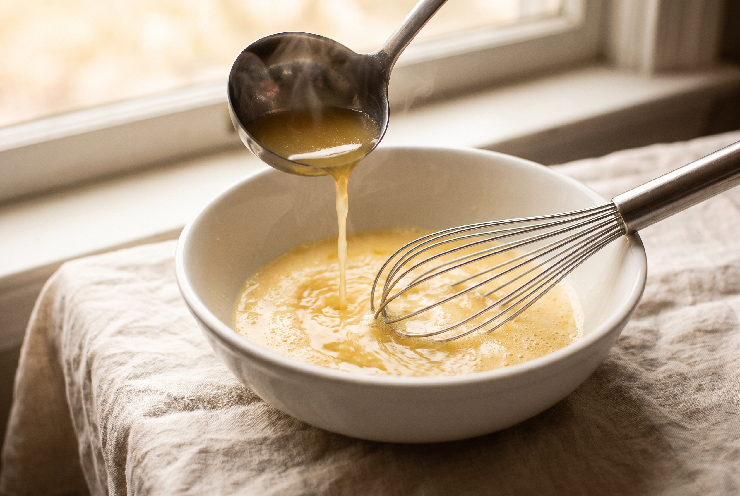 Whisked eggs and lemon juice being tempered with hot broth to finish Mediterranean lemon chicken soup