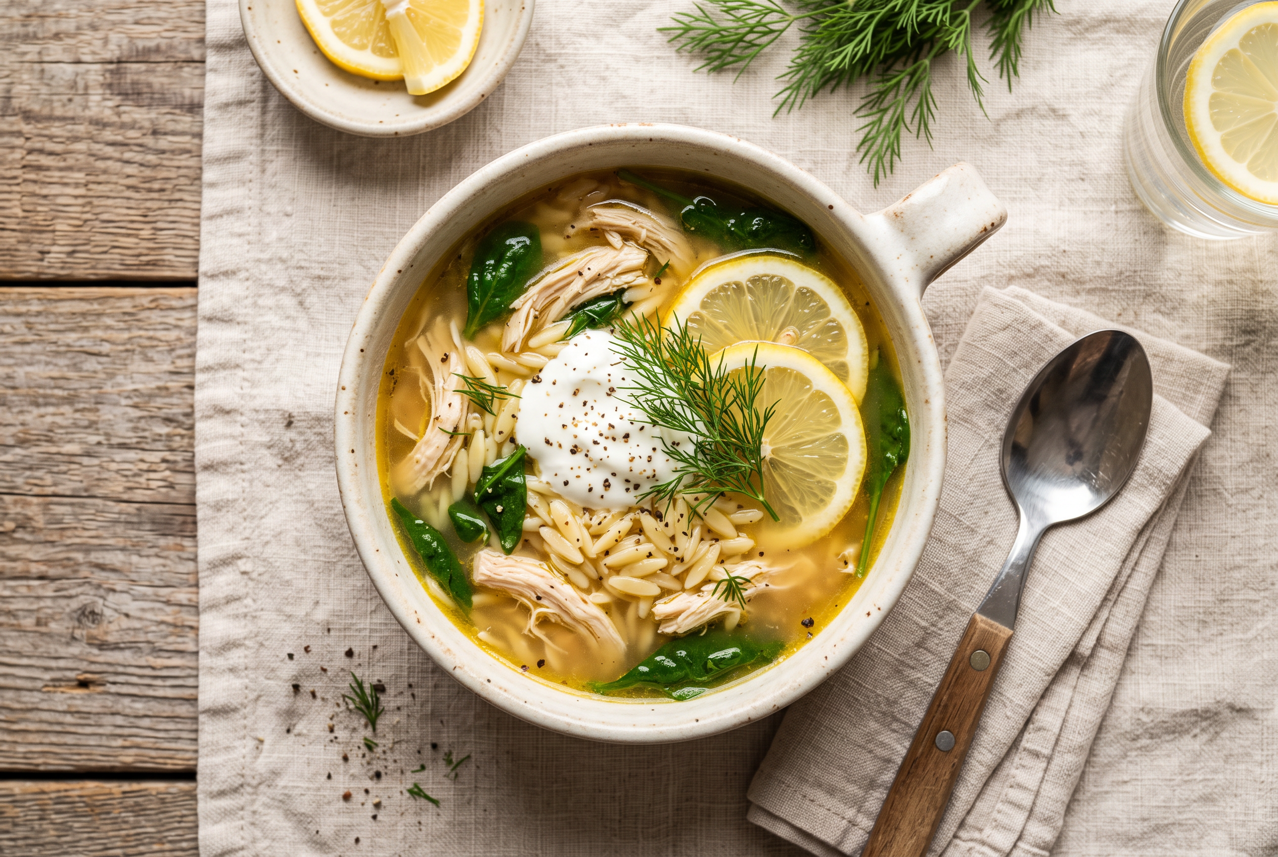 Mediterranean lemon chicken soup in a bowl — golden broth with orzo, shredded chicken, spinach, dill and lemon slices, healthy high protein dinner recipe