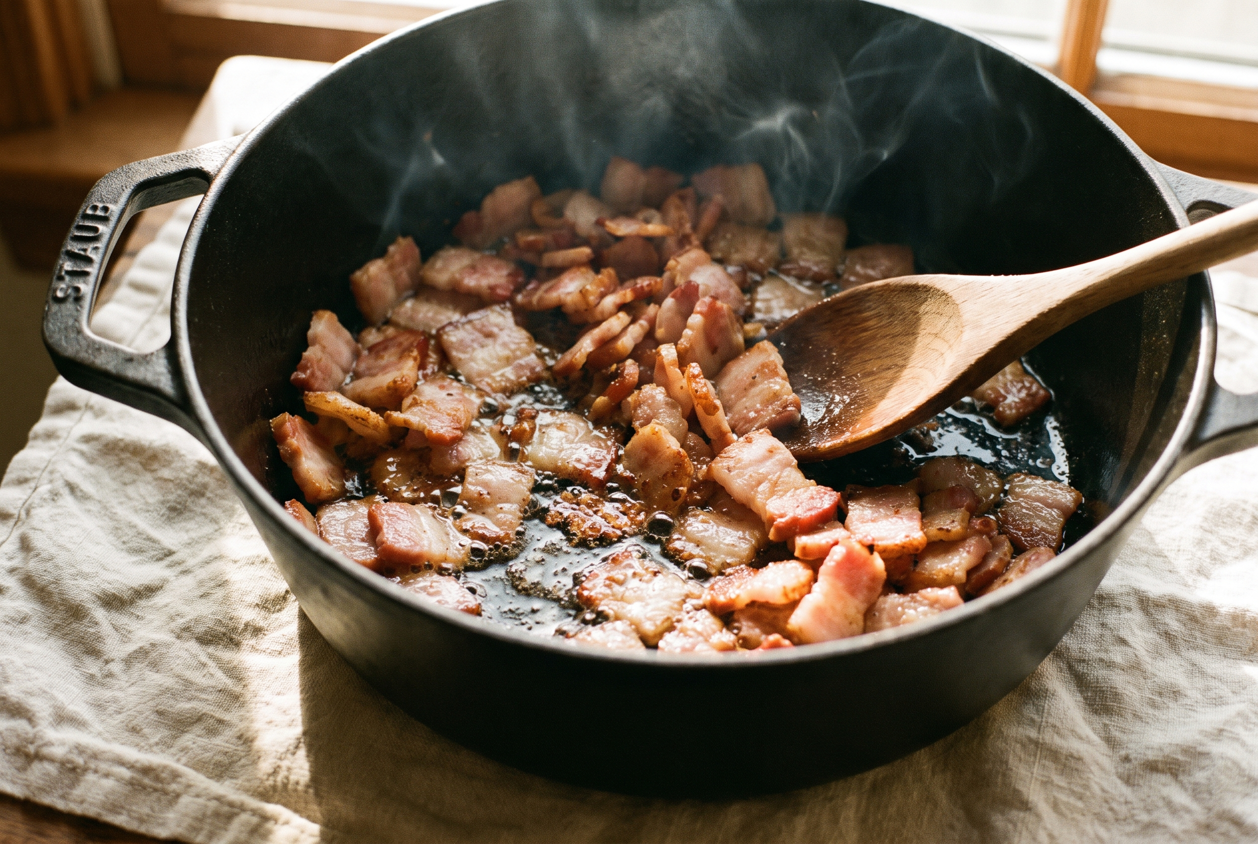 Diced thick-cut bacon rendering until crisp in a Dutch oven for New England clam chowder
