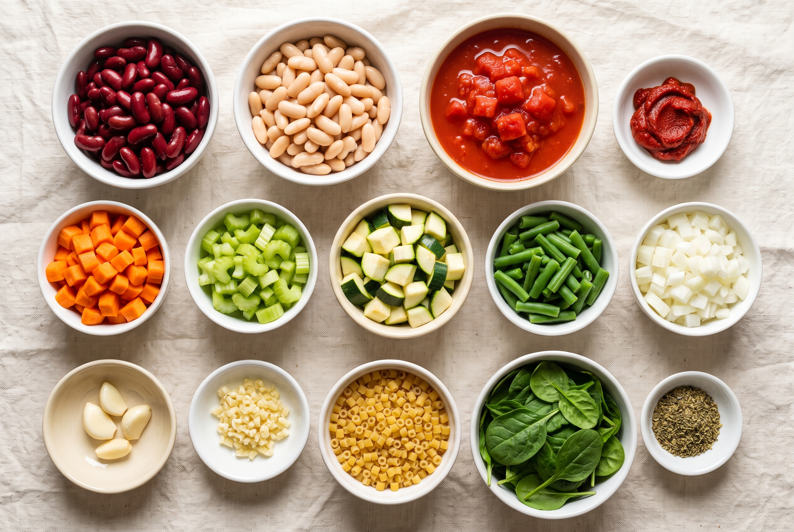 Ingredients for slow cooker minestrone soup in small bowls — kidney beans, cannellini beans, diced tomatoes, carrots, celery, zucchini, green beans, onion, garlic, small pasta, spinach and Italian seasoning