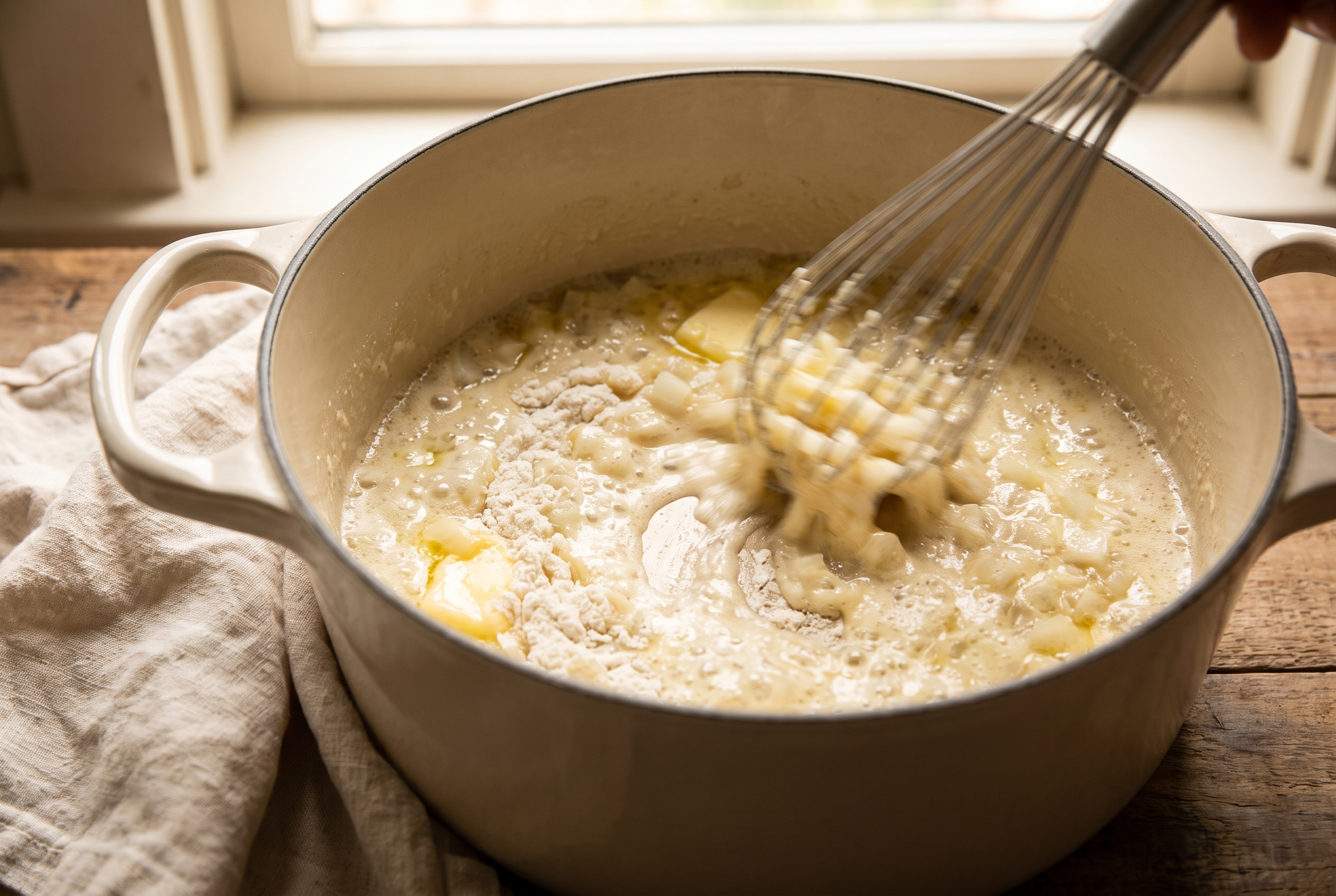 Butter, onion and flour being cooked into a roux in a Dutch oven for broccoli cheddar soup