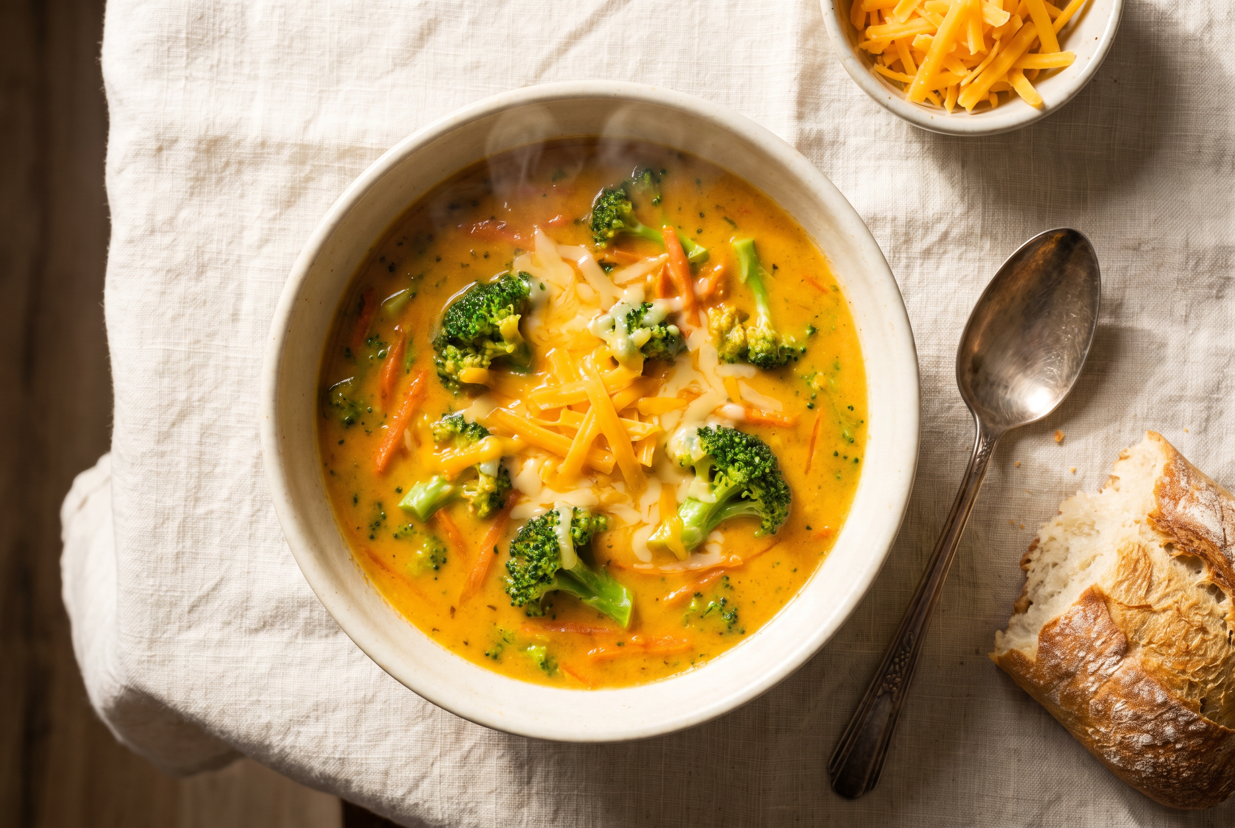 Broccoli cheddar soup in a cream bowl topped with shredded cheddar — thick cheesy soup with broccoli and carrot, easy 30-minute Panera copycat recipe