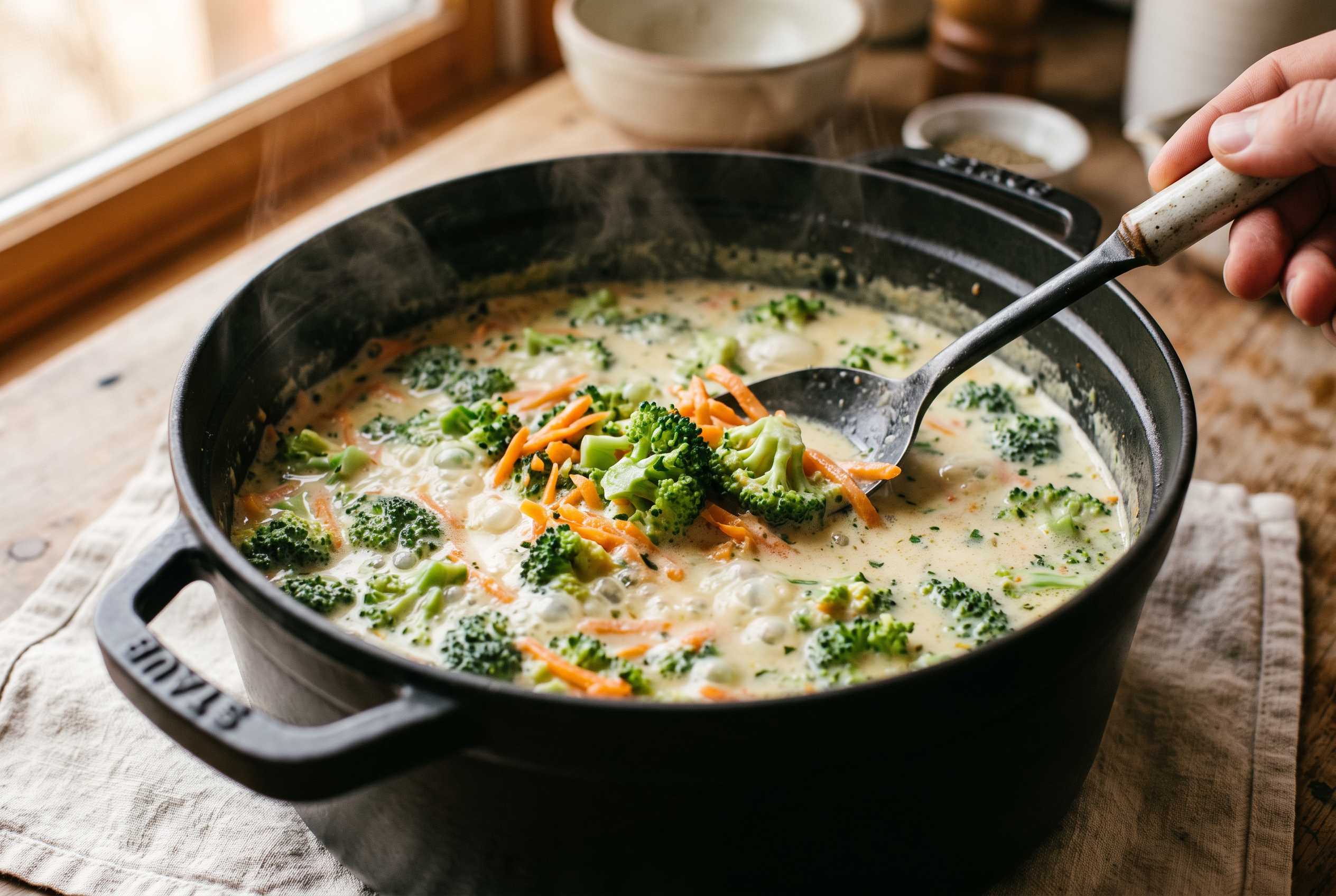 Broccoli florets and shredded carrot simmering in a creamy broth base for broccoli cheddar soup