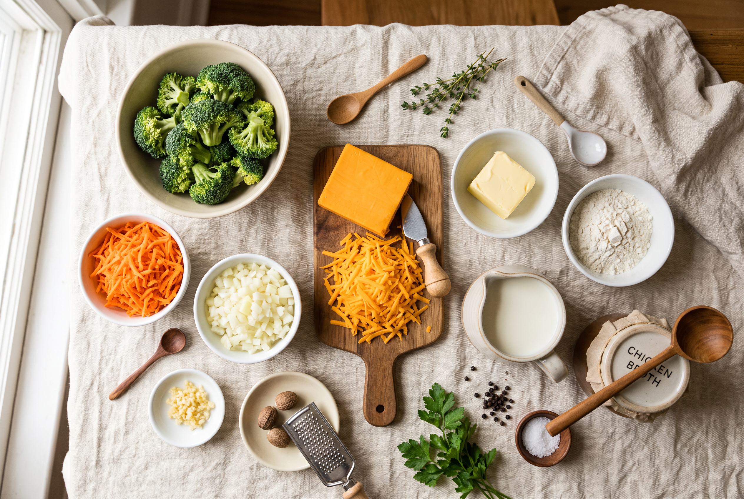 Ingredients for broccoli cheddar soup in small bowls — broccoli florets, shredded sharp cheddar, carrots, onion, butter, flour, milk, chicken broth, garlic and nutmeg