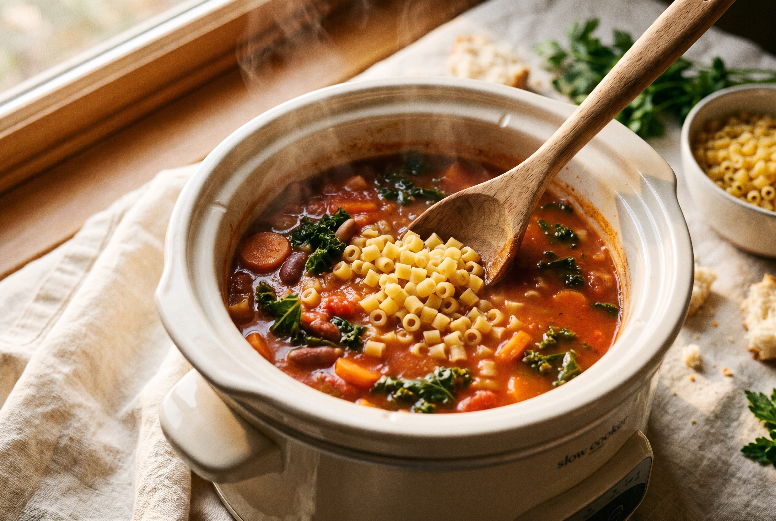 Small ditalini pasta being stirred into a slow cooker of minestrone soup near the end of cooking