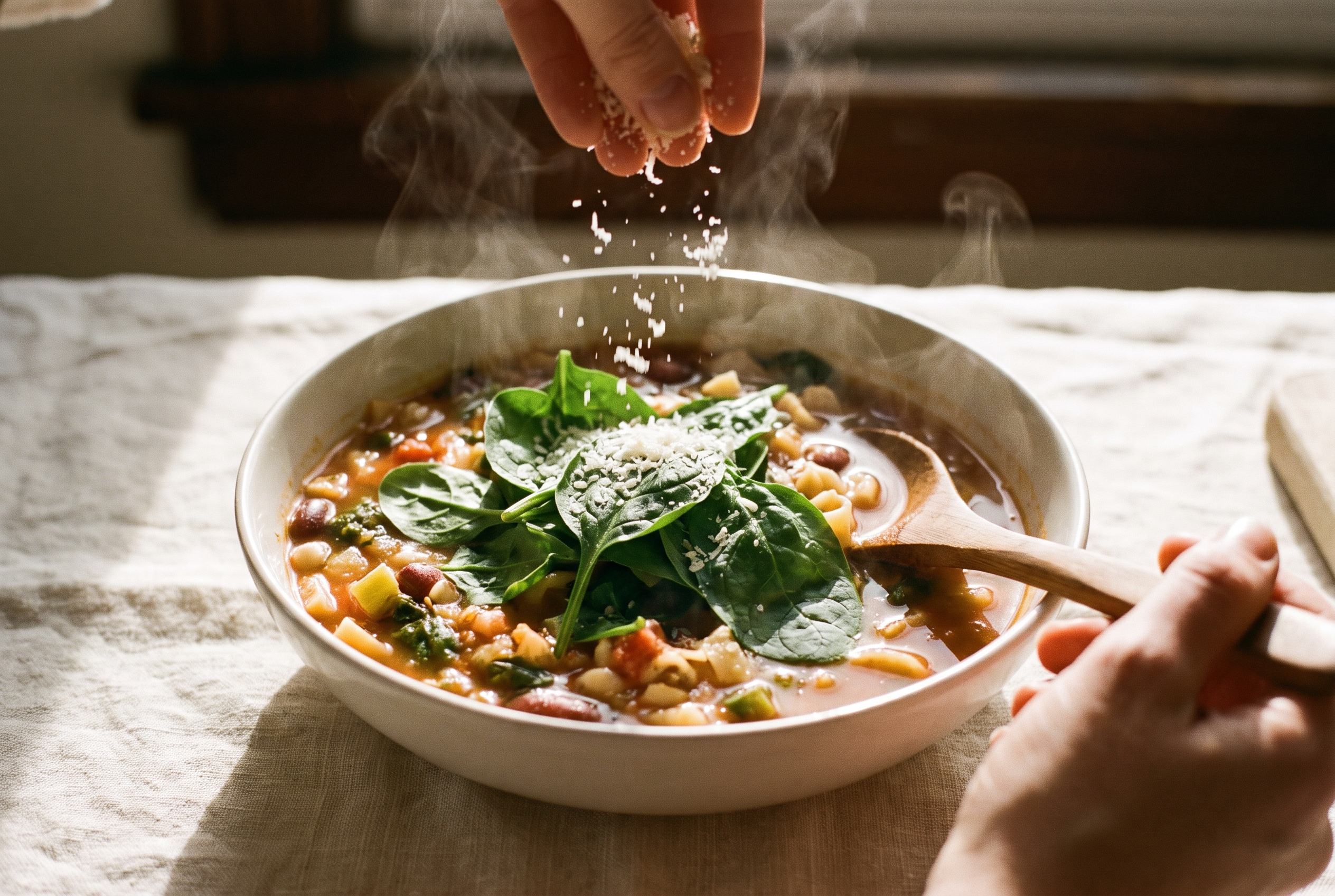 Fresh spinach wilting into finished minestrone soup with grated parmesan on top