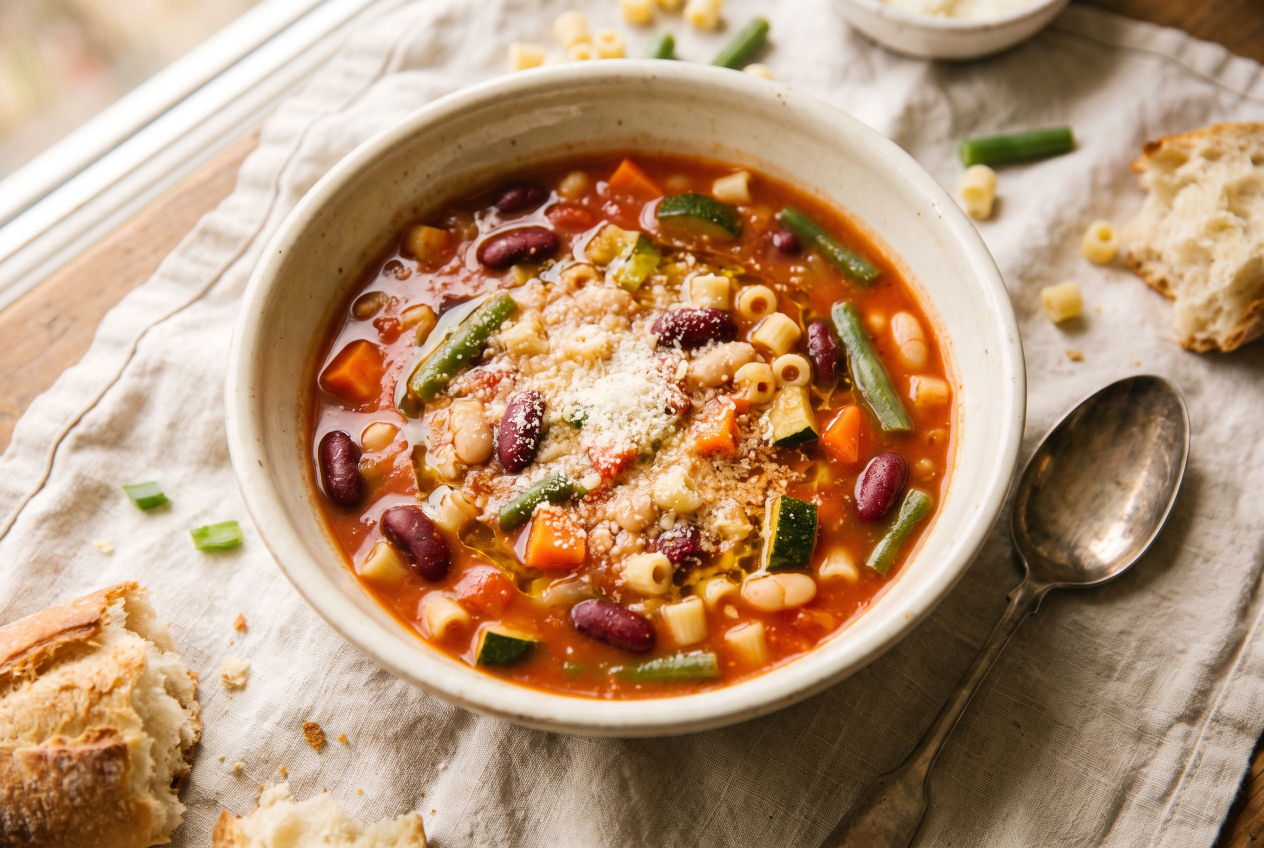 Slow cooker minestrone soup in a cream bowl — tomato broth loaded with beans, carrots, zucchini, spinach and small pasta, healthy high fiber dinner recipe