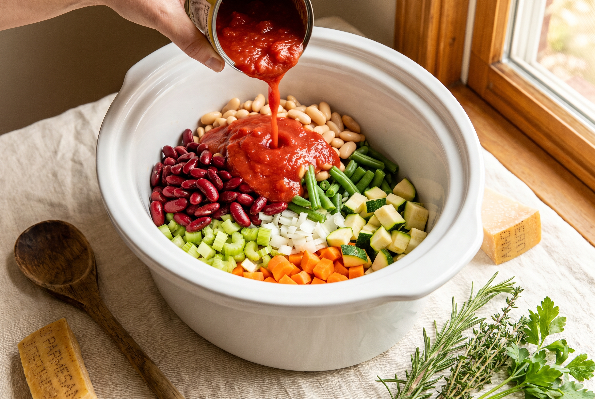 Beans, diced tomatoes, carrots, celery, zucchini and green beans layered raw in a slow cooker for minestrone soup
