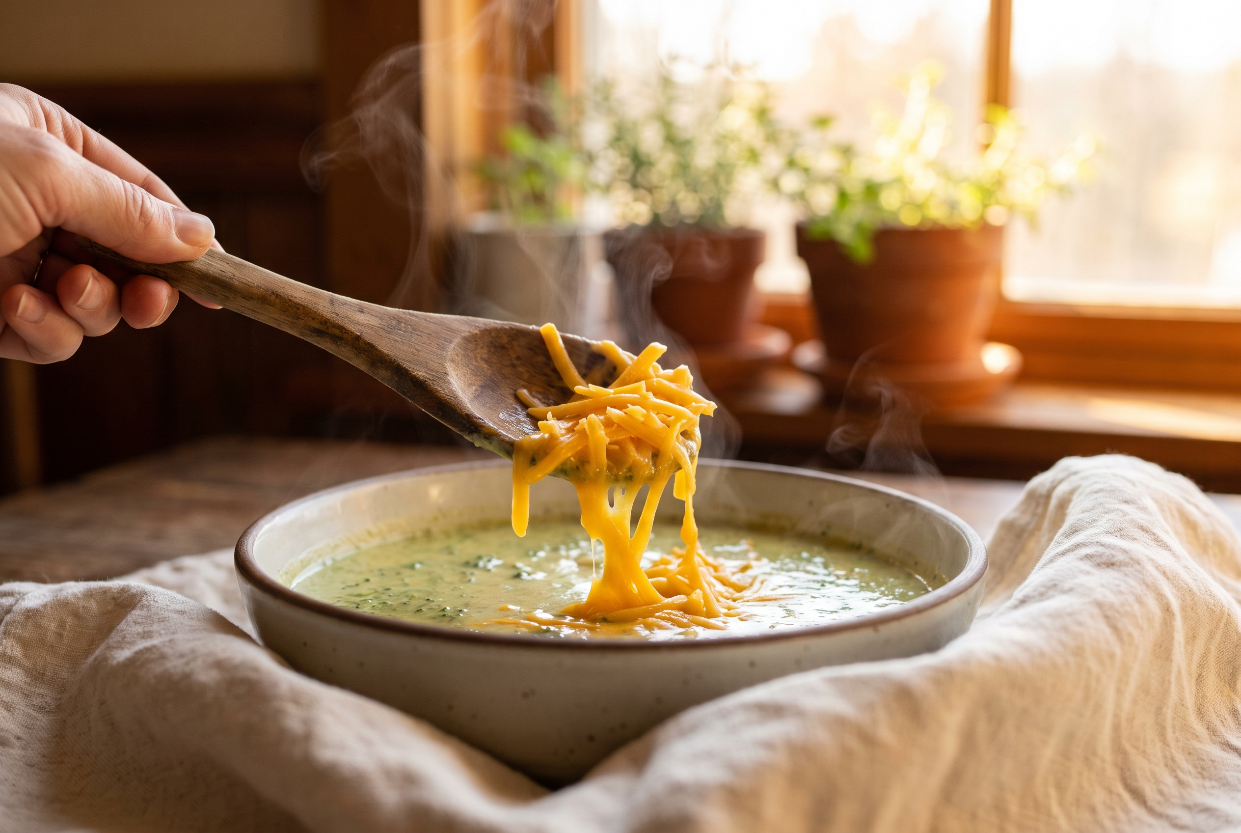 Shredded sharp cheddar being stirred in handfuls into broccoli soup off the heat until smooth