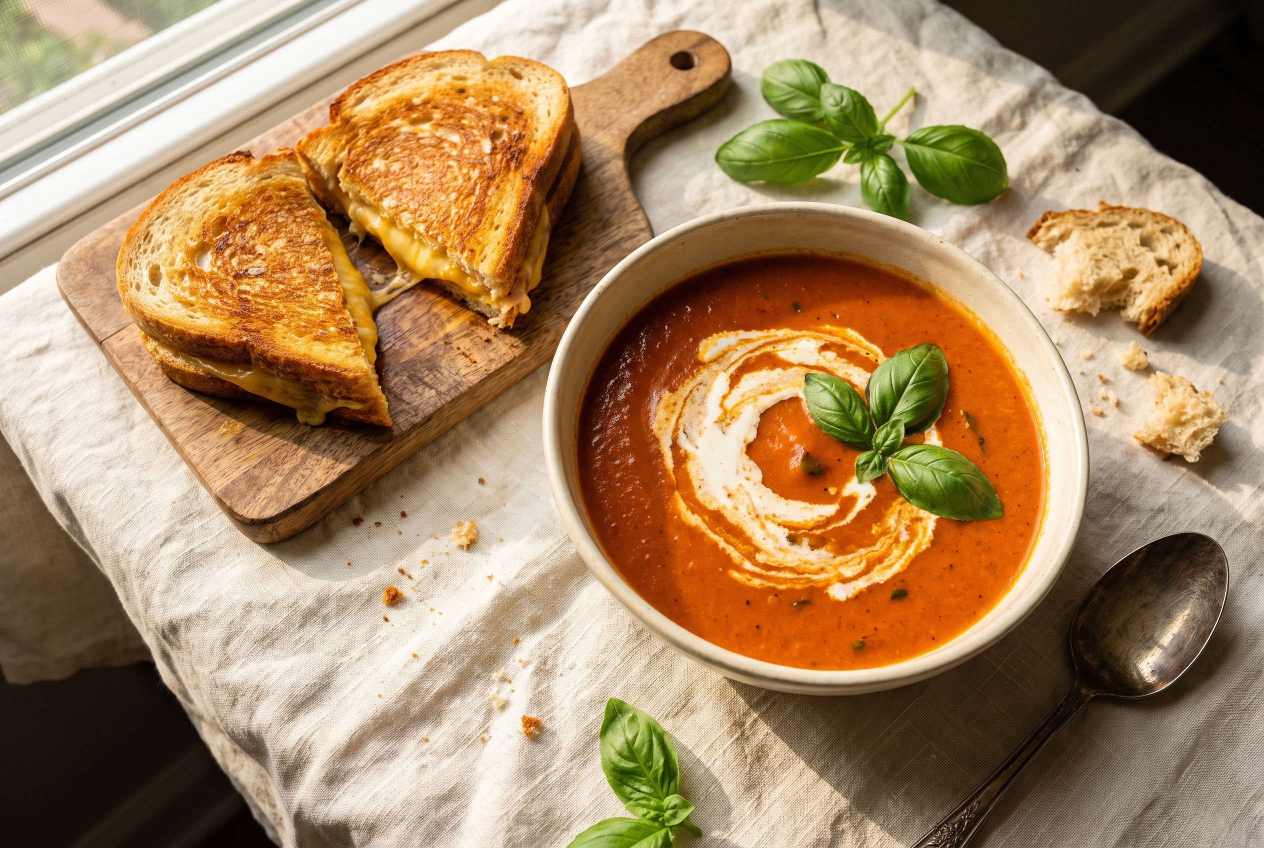 Creamy tomato basil soup in a cream bowl with a swirl of cream and fresh basil — easy 30-minute homemade tomato soup recipe