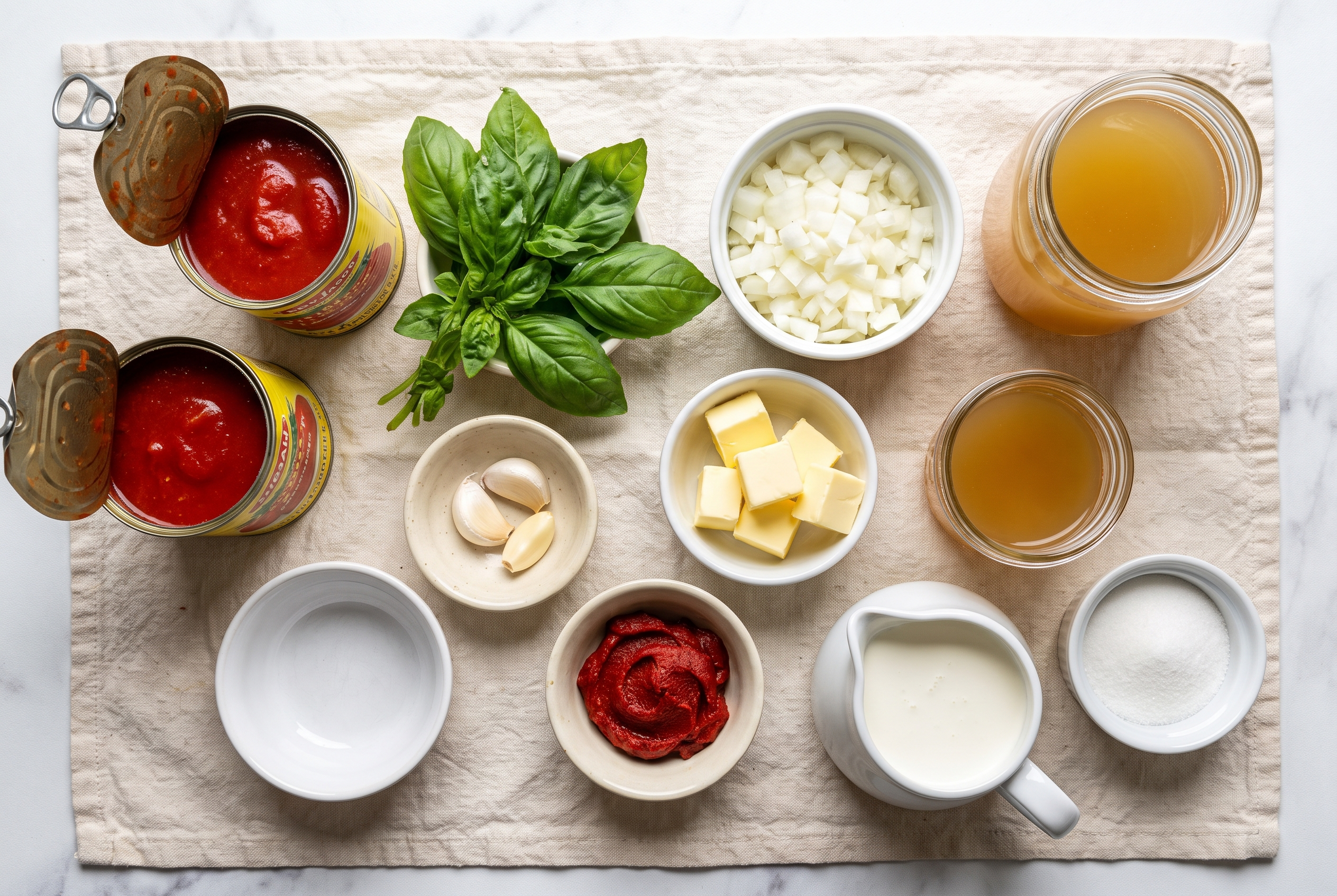 Ingredients for creamy tomato basil soup in small bowls — canned San Marzano tomatoes, fresh basil, onion, garlic, butter, tomato paste, chicken broth, heavy cream and sugar