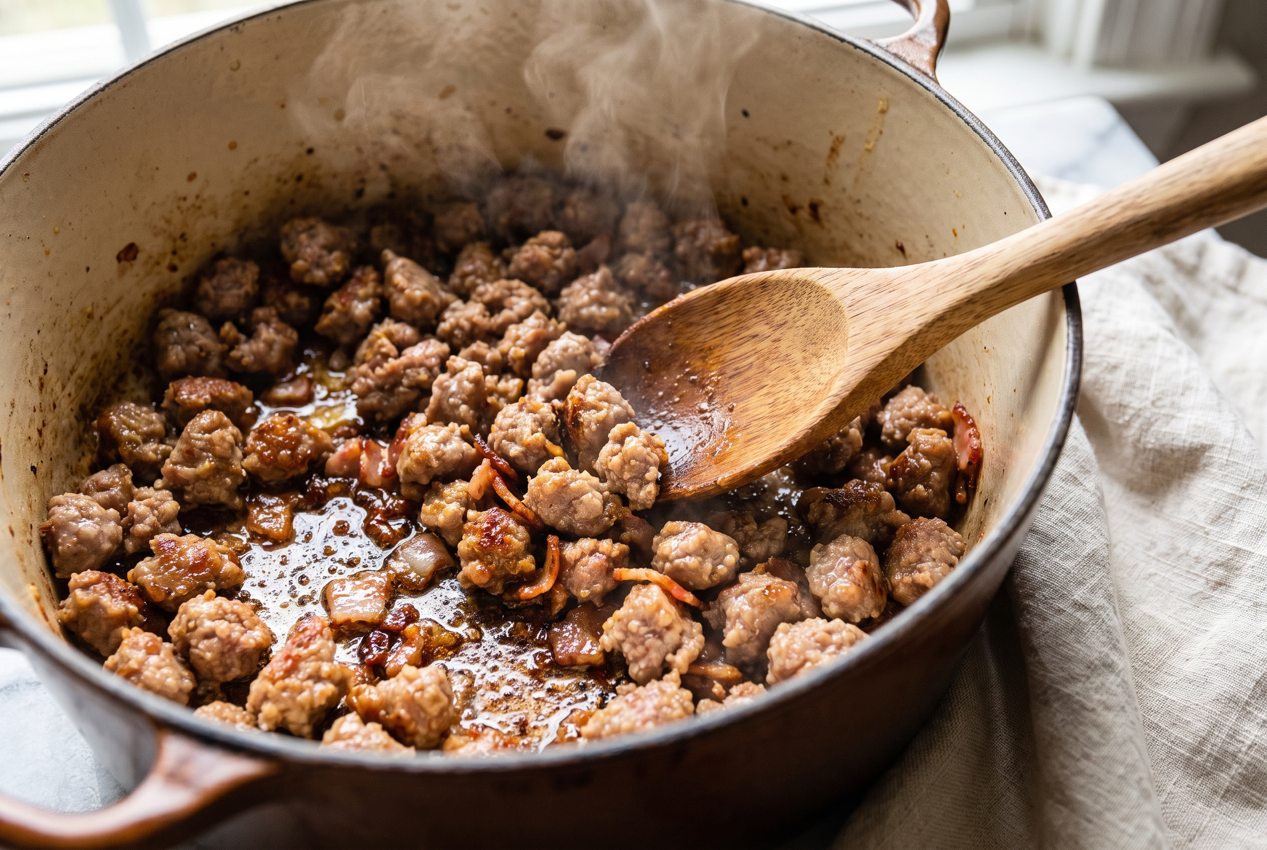 Italian sausage browning in crumbles with rendered bacon fat in a Dutch oven for zuppa toscana