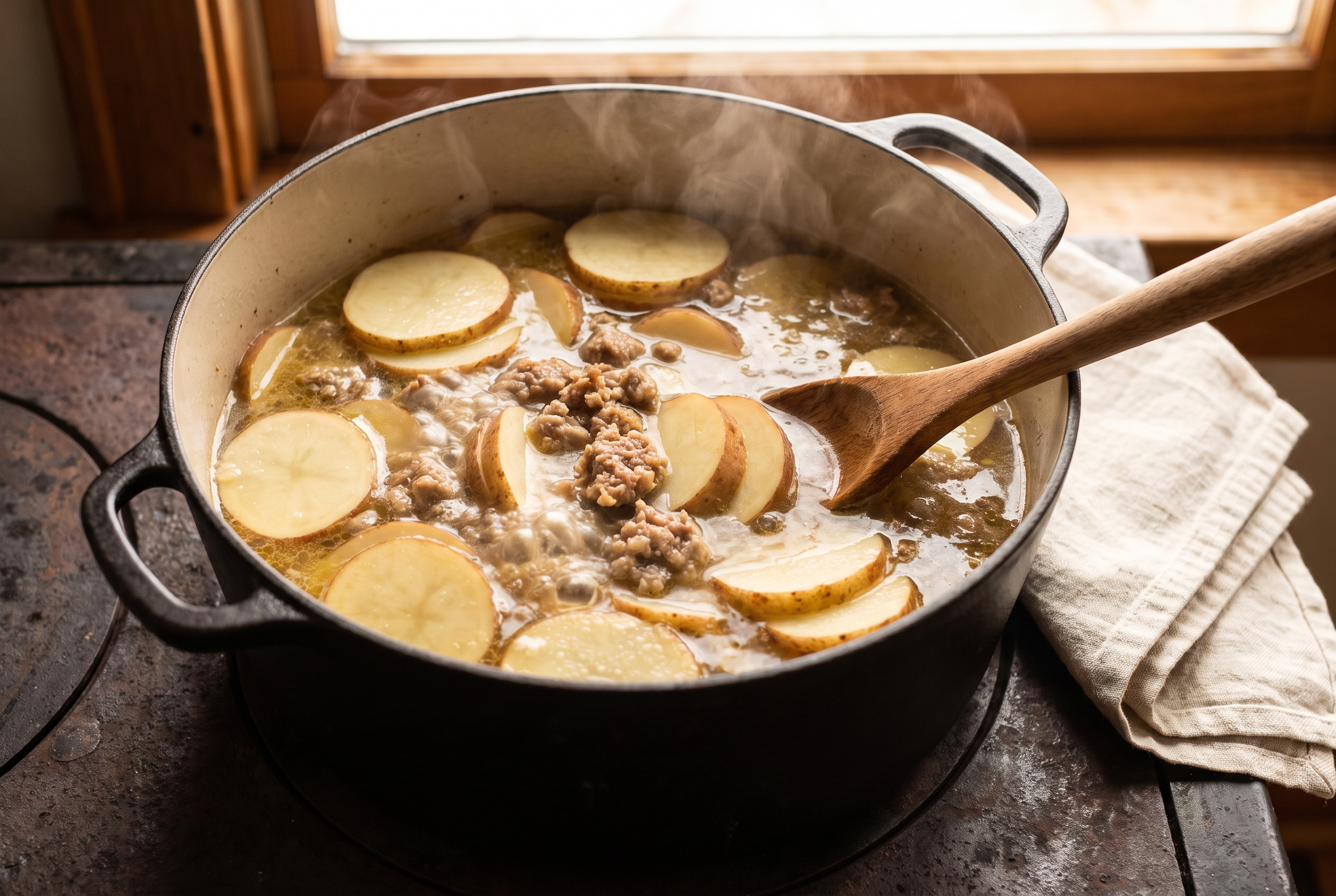 Sliced russet potatoes simmering in chicken broth with sausage for zuppa toscana soup