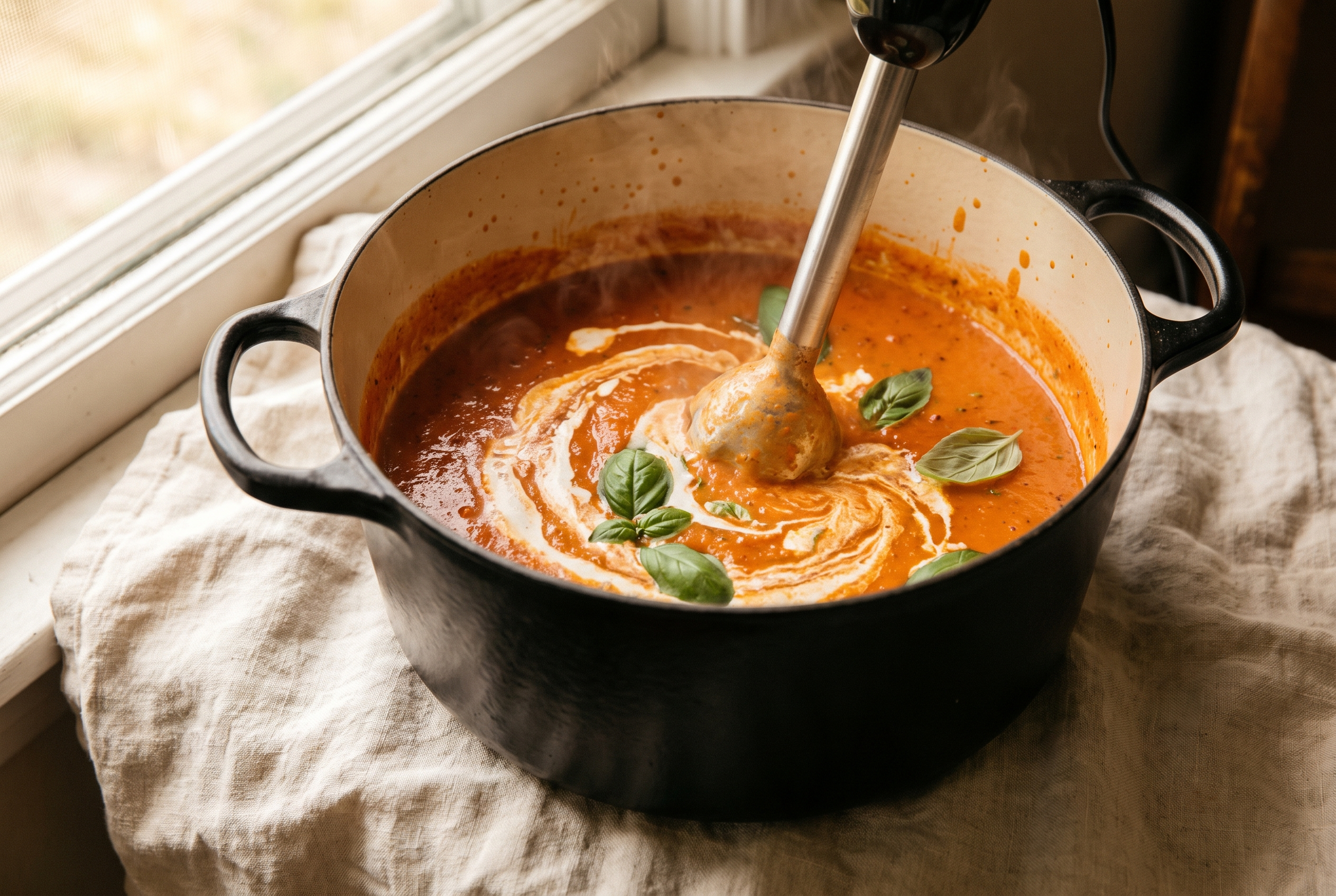 Tomato soup being blended smooth with an immersion blender, with cream and fresh basil added