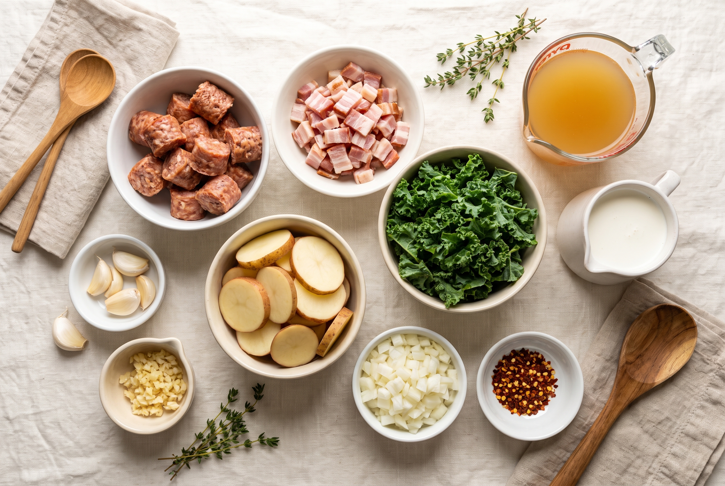 Ingredients for zuppa toscana in small bowls — Italian sausage, bacon, russet potatoes, kale, onion, garlic, chicken broth, heavy cream and red pepper flakes