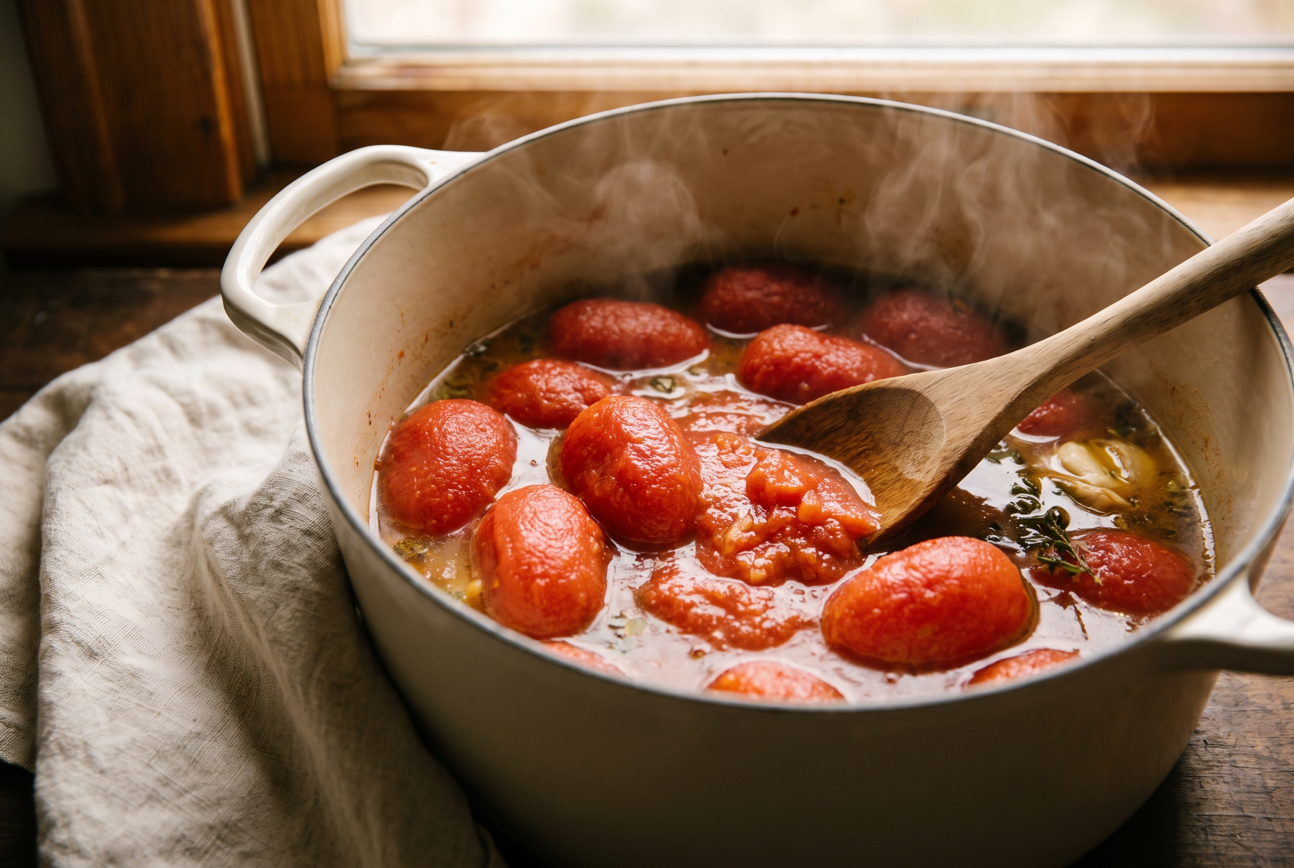 Canned San Marzano tomatoes simmering with broth in a Dutch oven for tomato basil soup