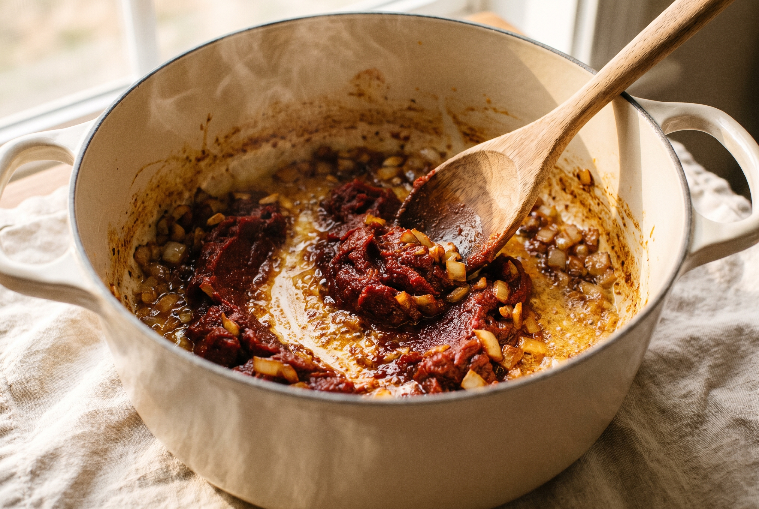 Tomato paste being fried with onion and garlic in butter until darkened for creamy tomato basil soup