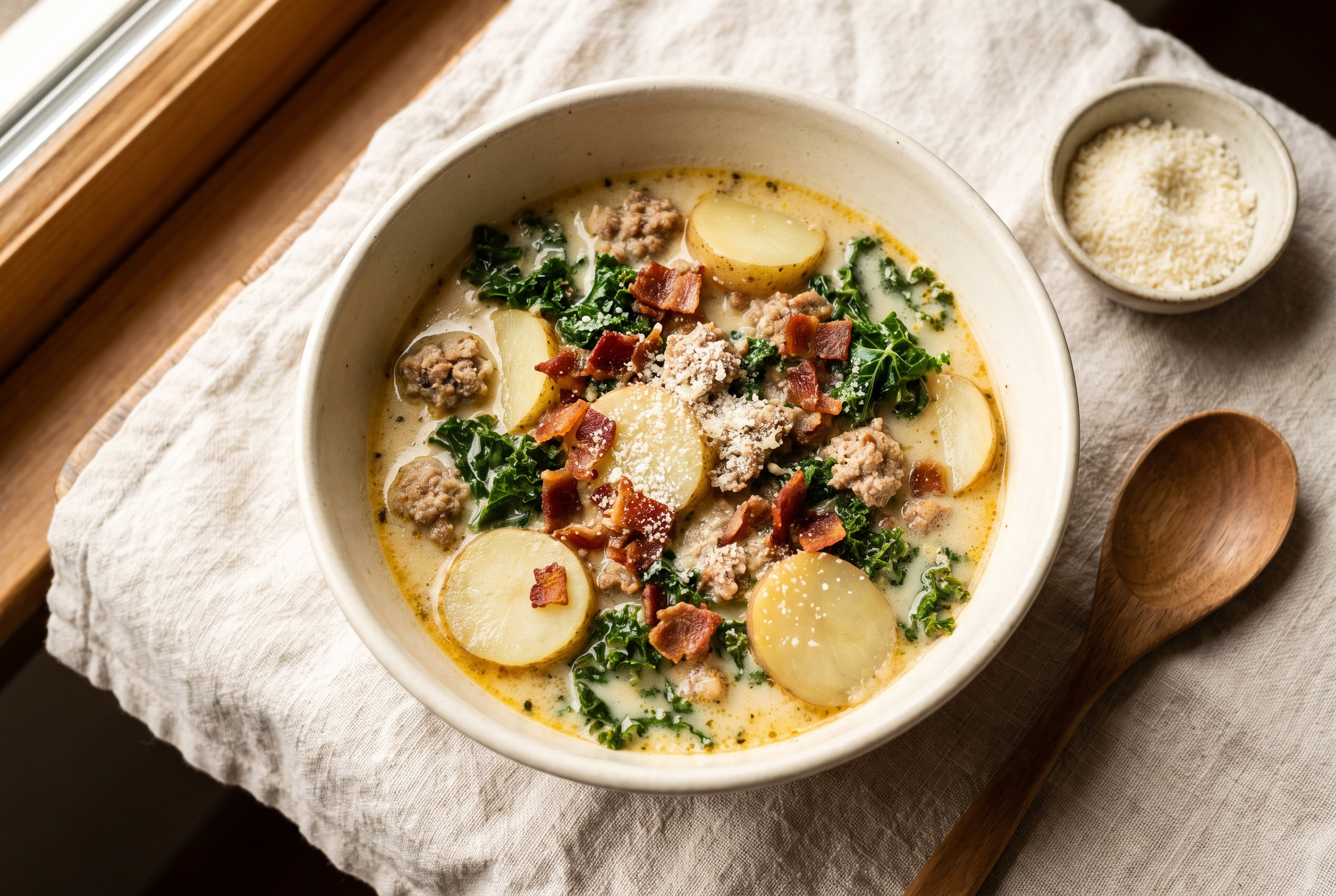 Zuppa toscana in a cream bowl — creamy broth with Italian sausage, sliced potatoes, kale and crisp bacon, easy Olive Garden copycat soup recipe