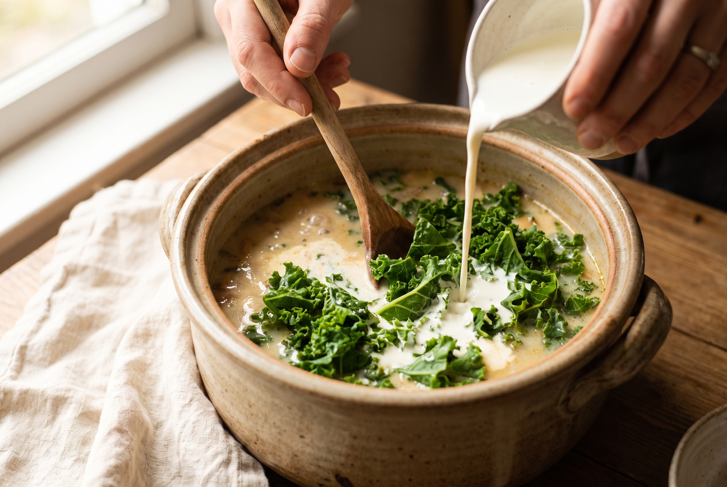 Chopped kale and cream being stirred into zuppa toscana soup at the end of cooking