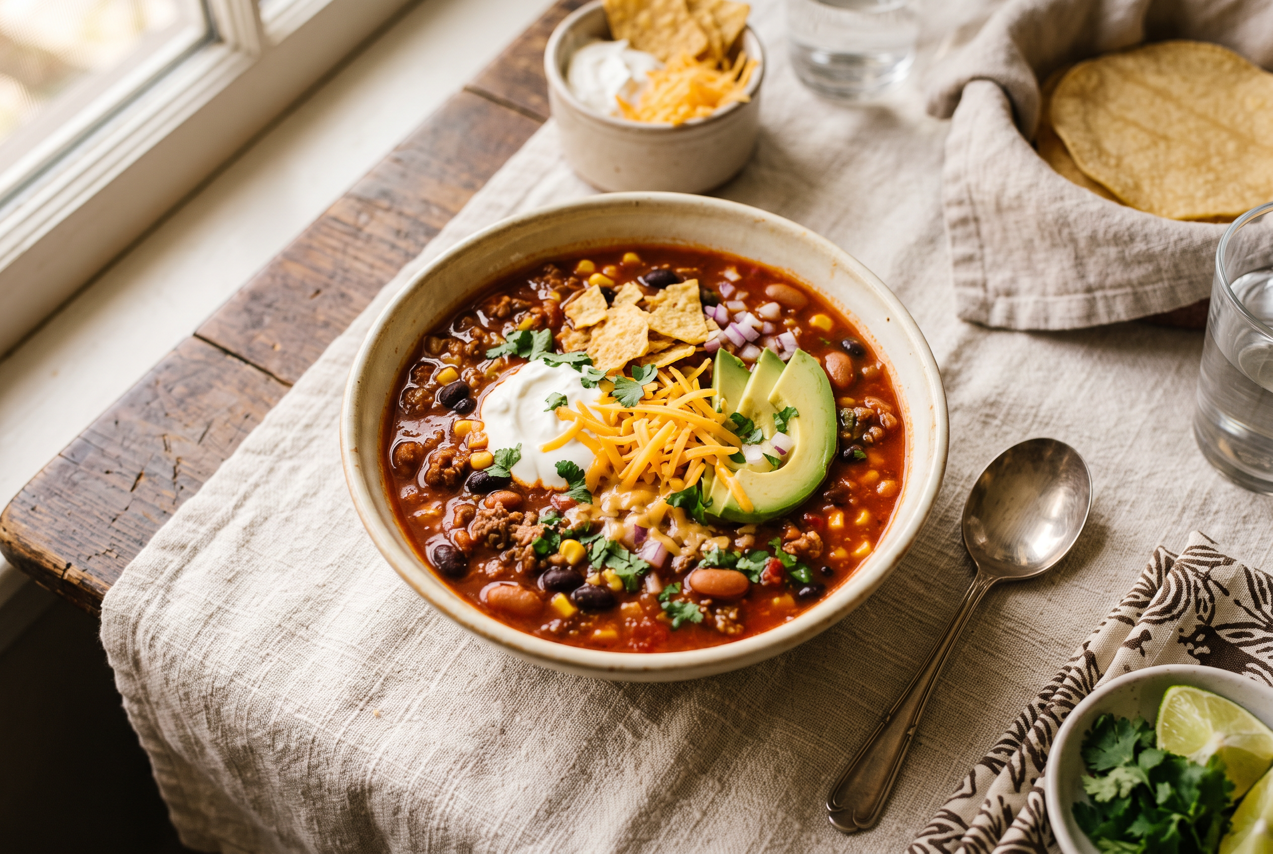 Taco soup in a cream bowl topped with cheddar, sour cream and tortilla chips — easy 30-minute ground beef comfort food dinner recipe