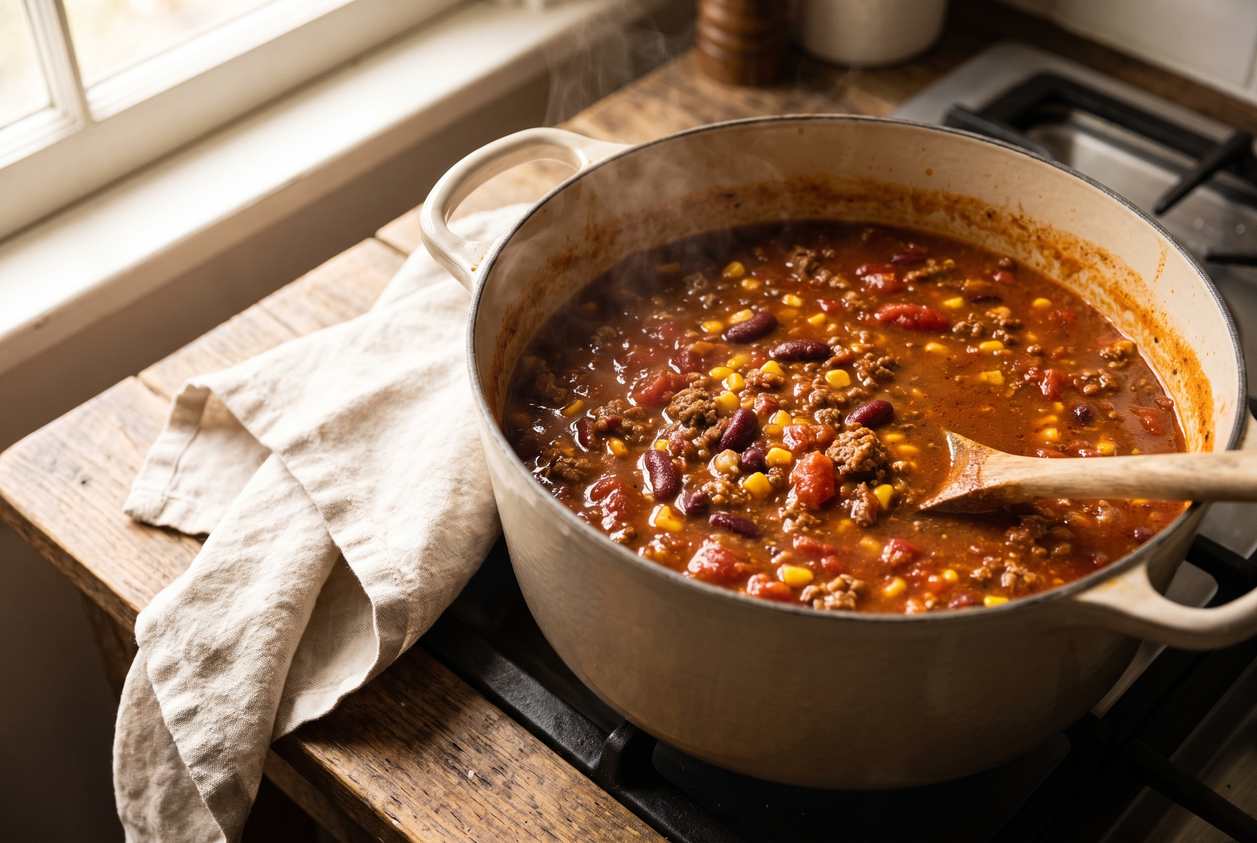 Taco soup simmering in a Dutch oven and served topped with shredded cheddar, sour cream and tortilla chips