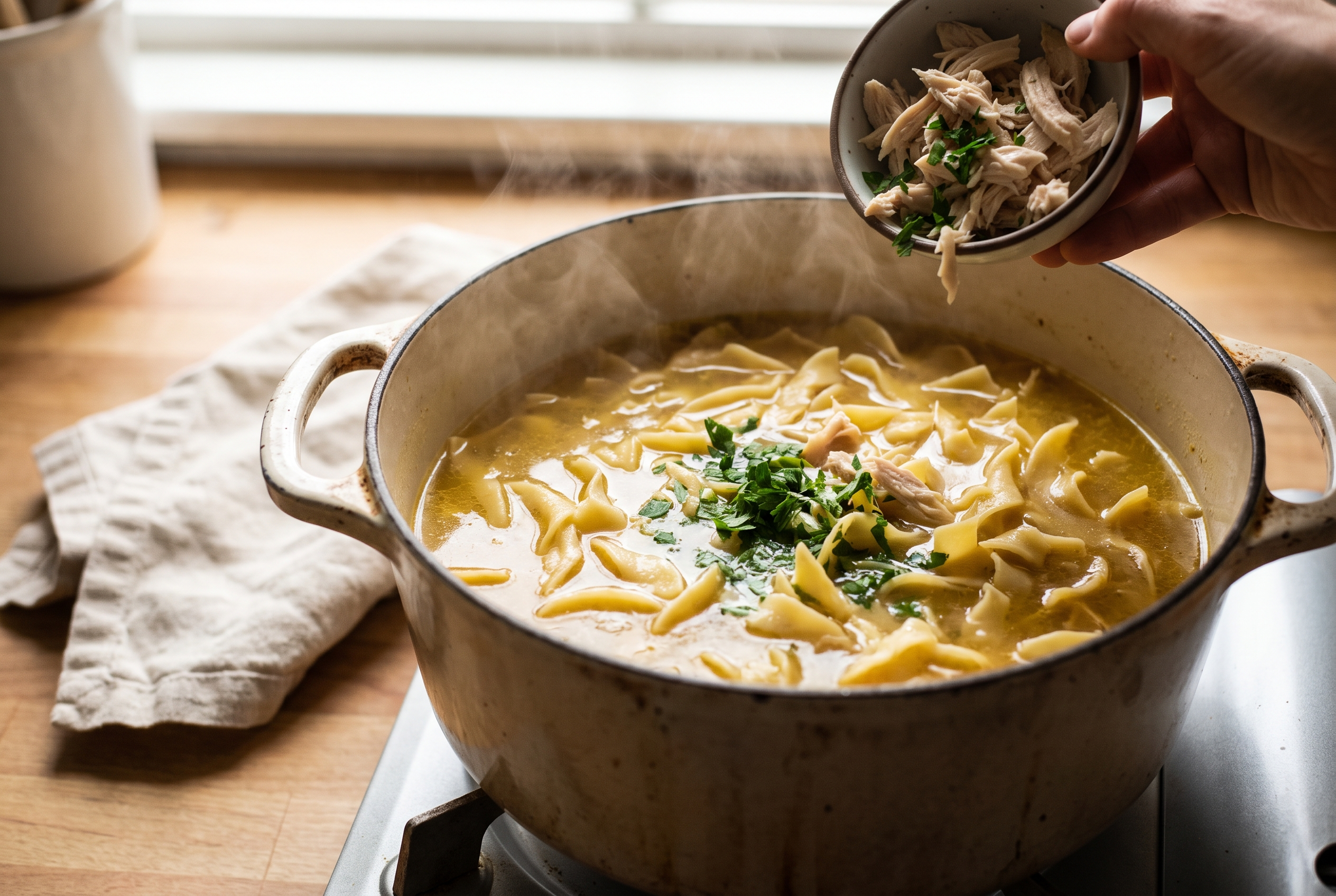 Wide egg noodles cooking in golden chicken broth with shredded chicken and fresh parsley