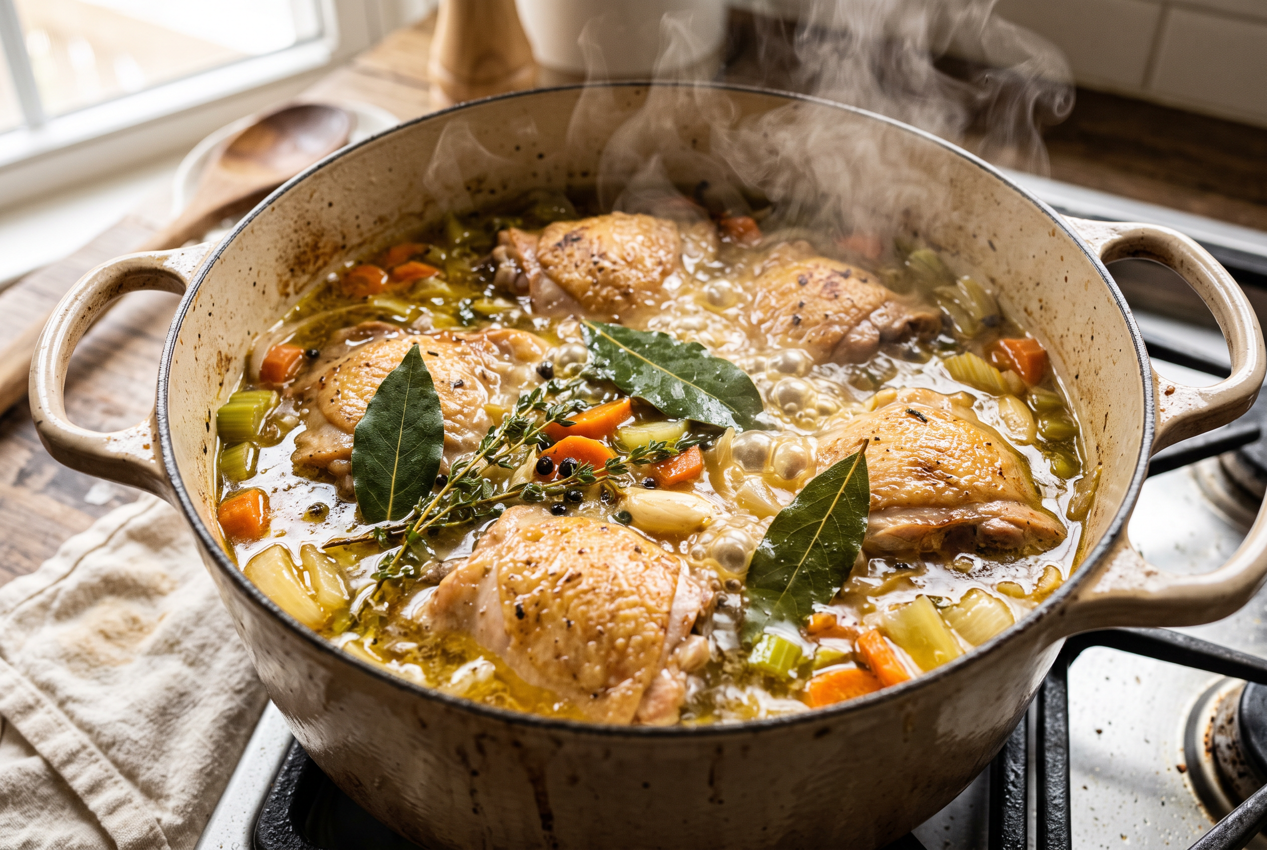 Chicken thighs simmering in golden broth with bay leaf and vegetables for chicken noodle soup