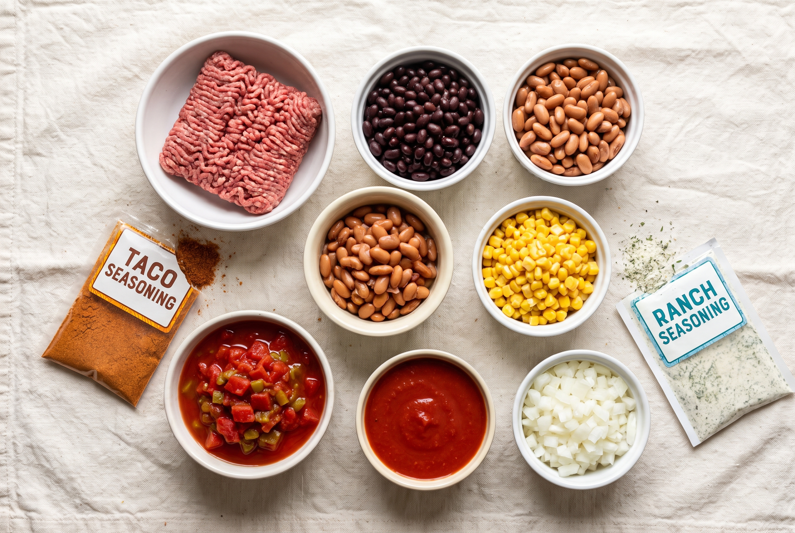 Ingredients for taco soup in small bowls — ground beef, canned black beans, pinto beans, corn, diced tomatoes with green chiles, tomato sauce, onion, taco seasoning and ranch seasoning