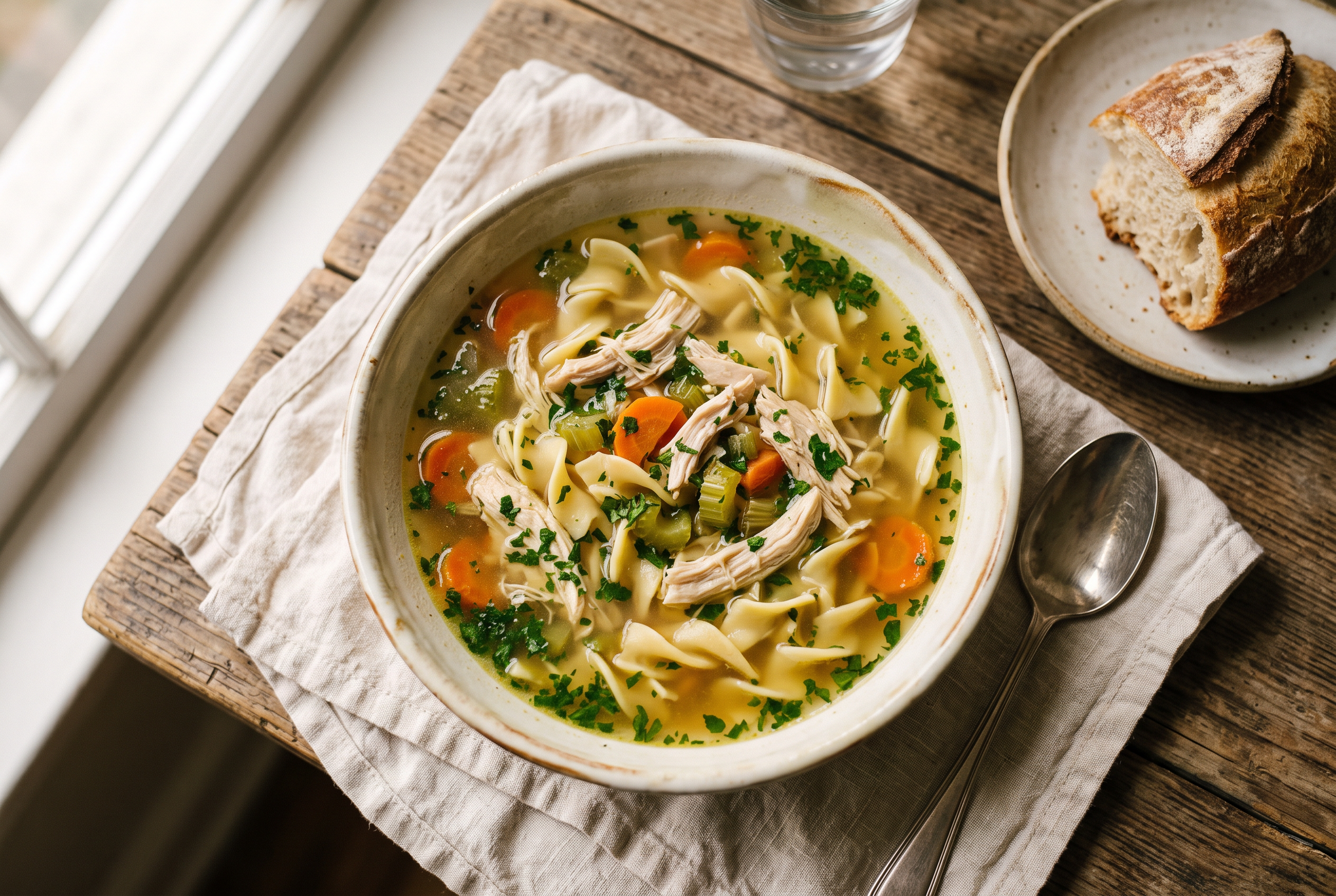 Homemade chicken noodle soup in a cream bowl — golden broth with shredded chicken, egg noodles, carrots, celery and parsley, easy from-scratch comfort food recipe