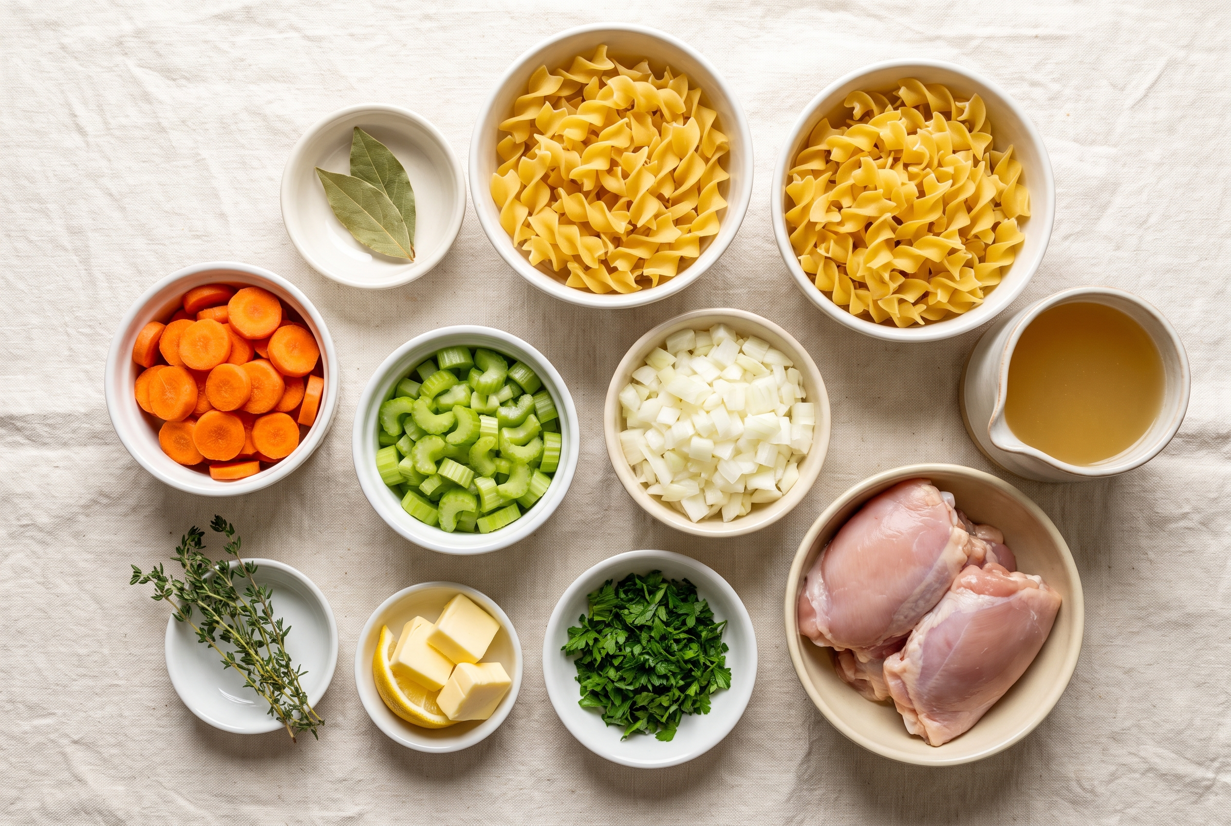 Ingredients for chicken noodle soup in small bowls — chicken thighs, egg noodles, carrots, celery, onion, garlic, chicken broth, bay leaf, thyme, butter and fresh parsley