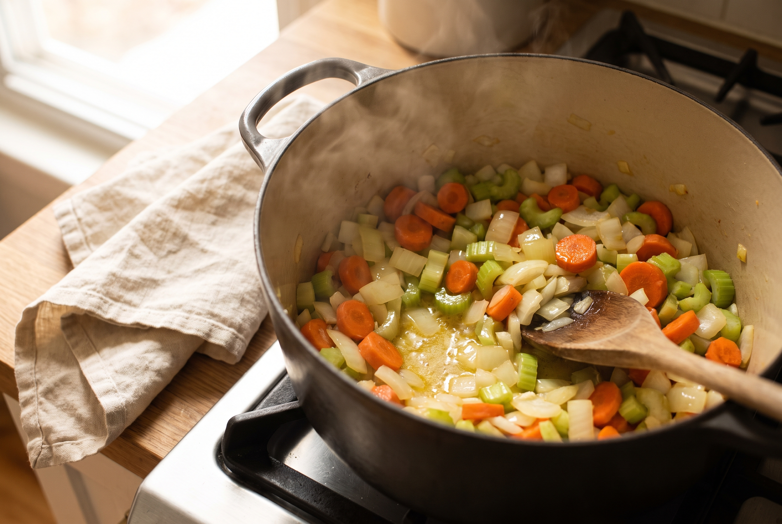 Diced onion, carrots and celery softening in butter in a large pot for homemade chicken noodle soup