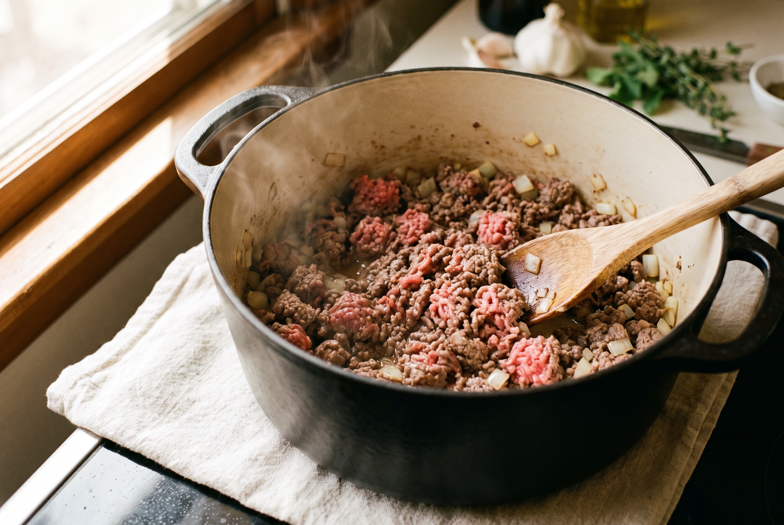 Ground beef browning with diced onion in a Dutch oven for taco soup