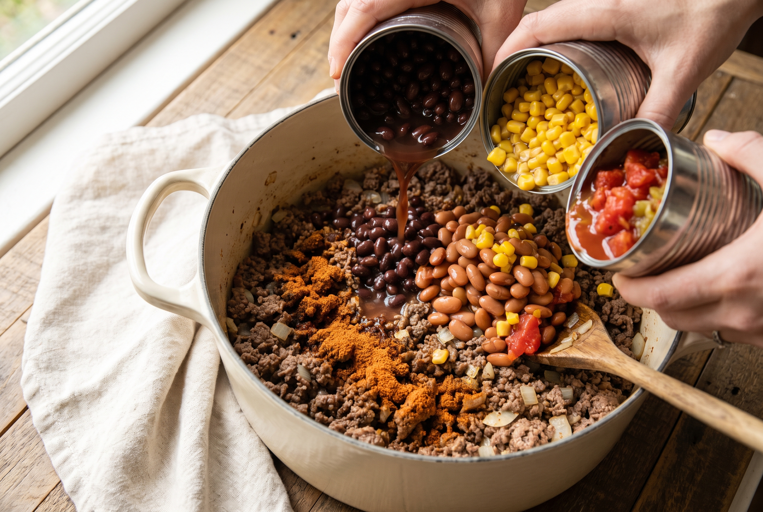 Canned beans, corn, Rotel tomatoes and taco seasoning being added to browned ground beef for taco soup