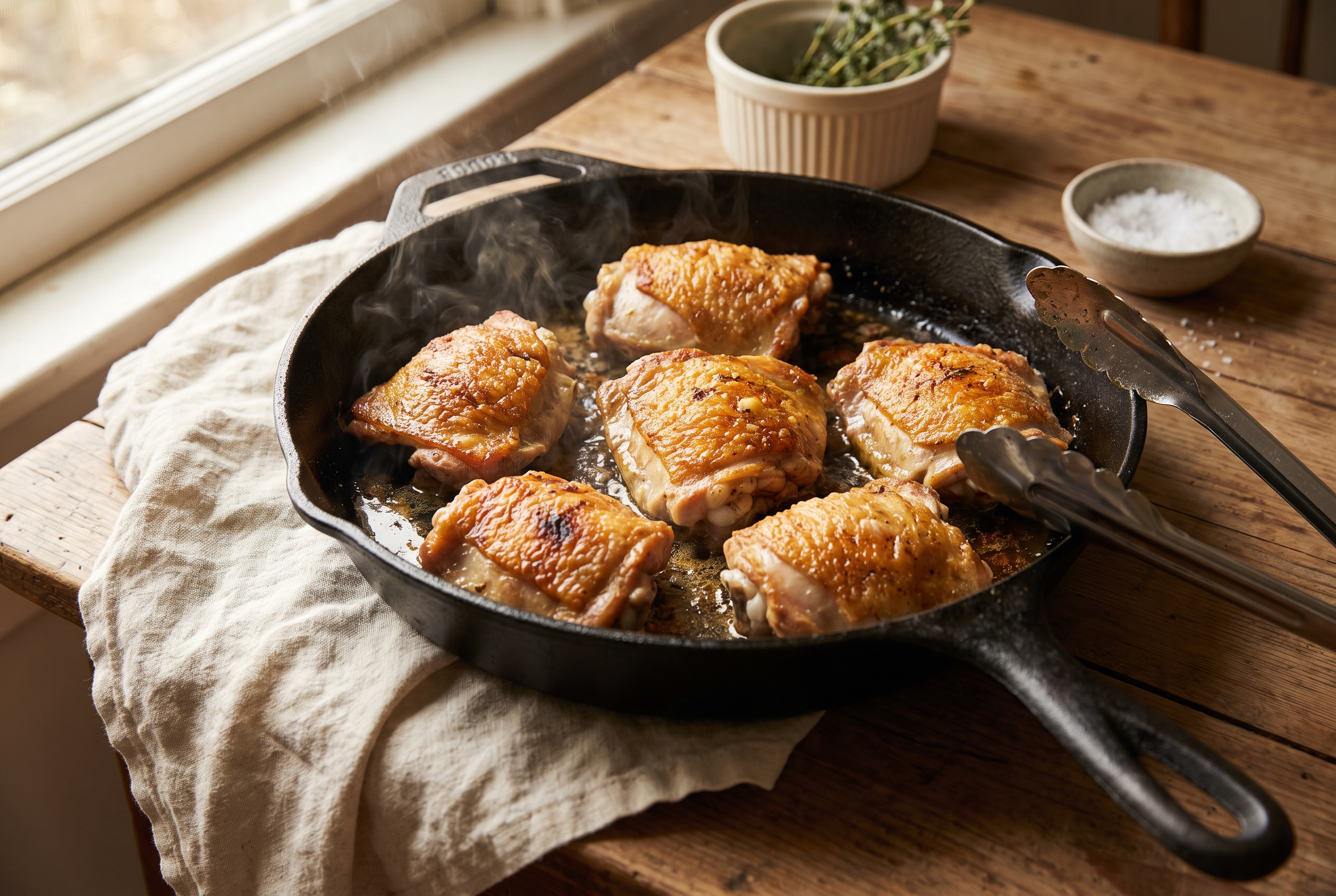 Cast iron skillet of seared chicken thighs going into the oven to finish cooking
