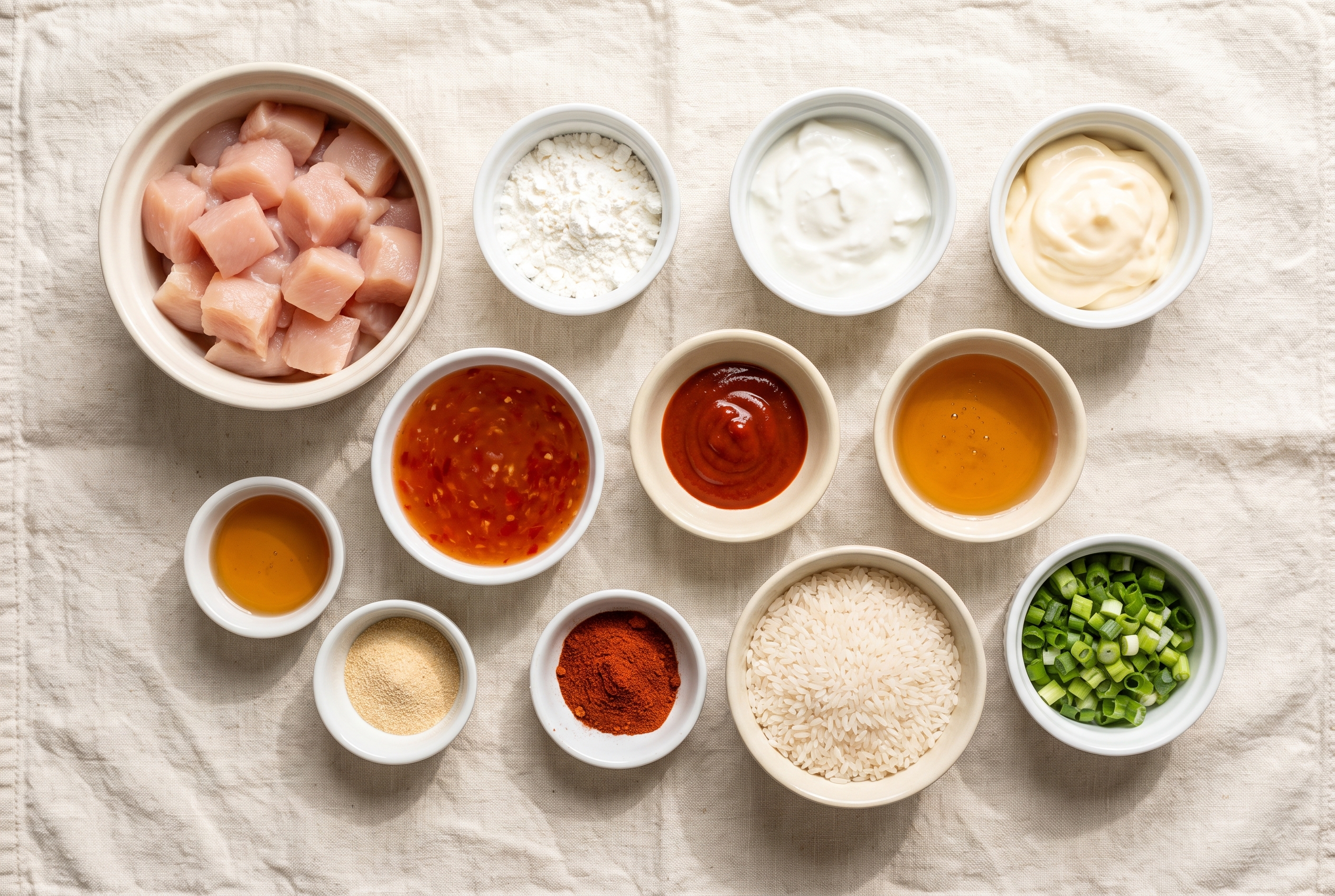 Ingredients for bang bang chicken in small bowls — diced chicken breast, cornstarch, Greek yogurt, mayonnaise, sweet chili sauce, sriracha, honey, garlic powder, rice and scallions
