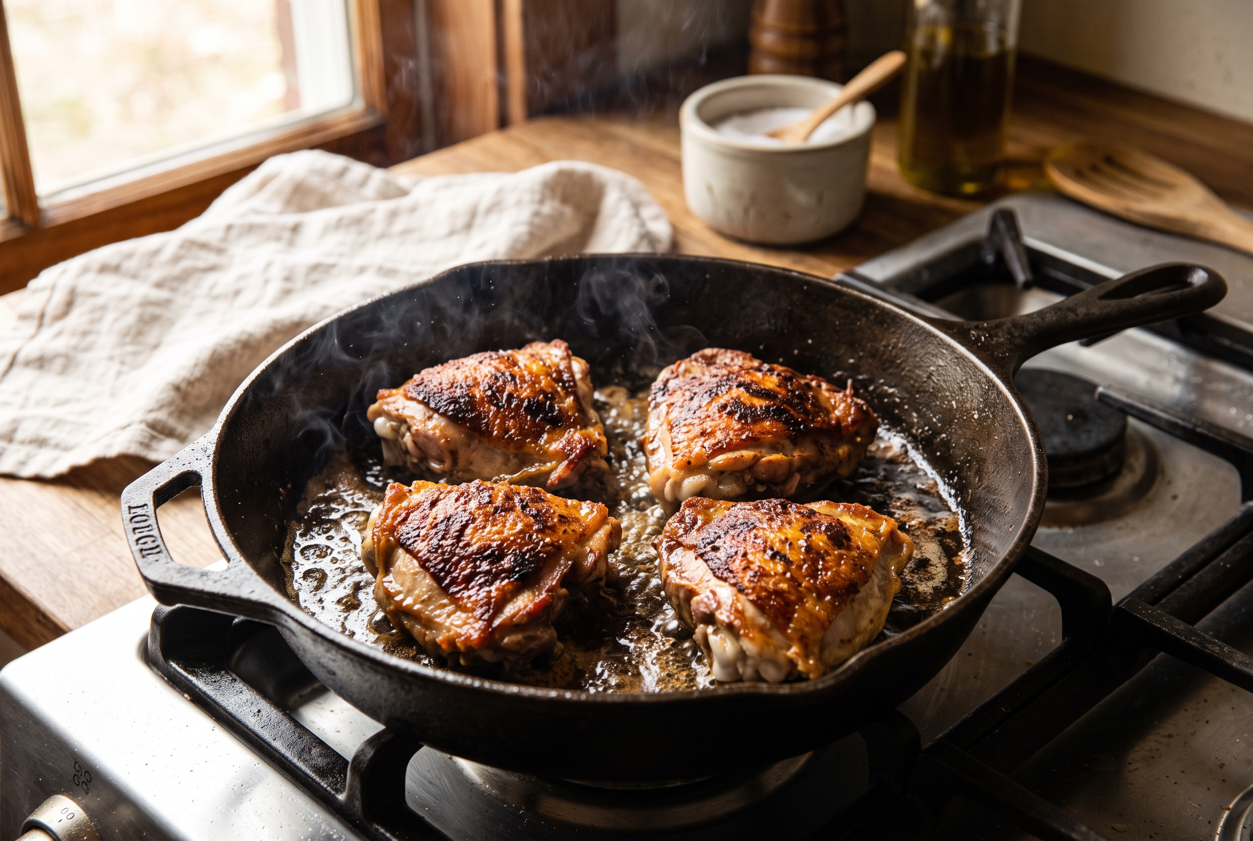 Bone-in chicken thighs searing skin-side down in a cast iron skillet until deeply golden and crisp