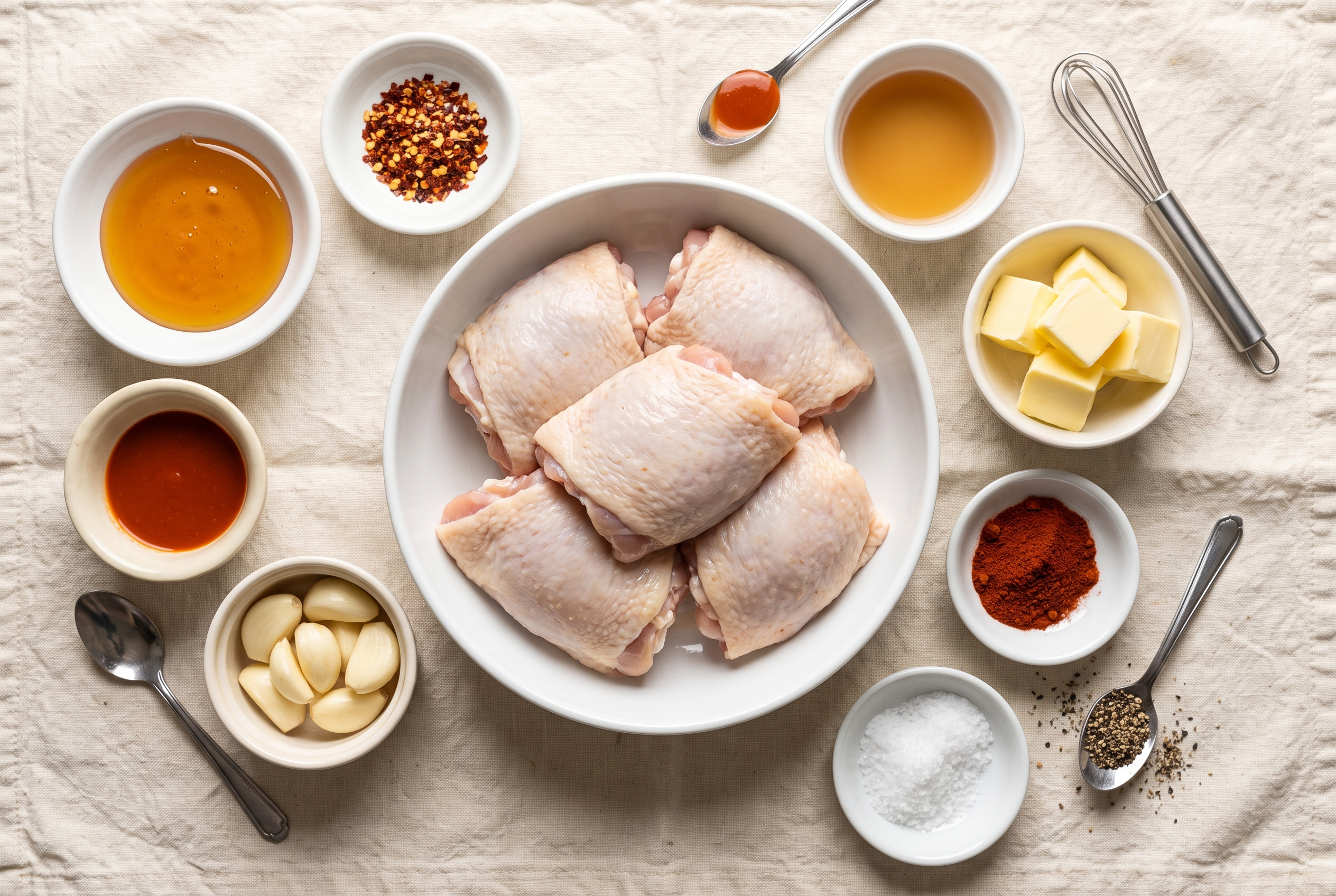 Ingredients for hot honey chicken in small bowls — bone-in chicken thighs, honey, red pepper flakes, hot sauce, apple cider vinegar, butter, garlic, smoked paprika, salt and pepper