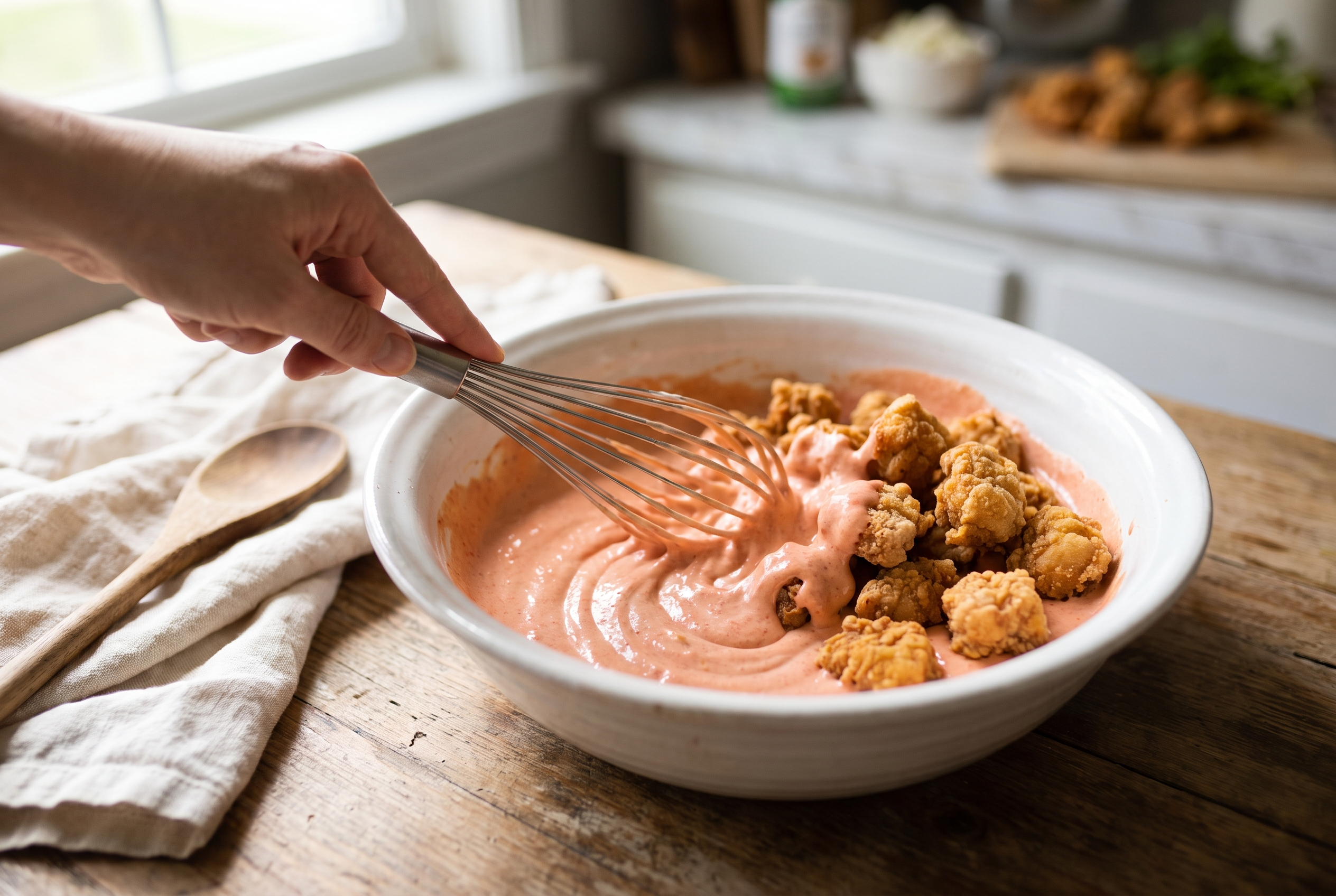 Creamy pink bang bang sauce being whisked in a bowl and tossed with crispy chicken bites