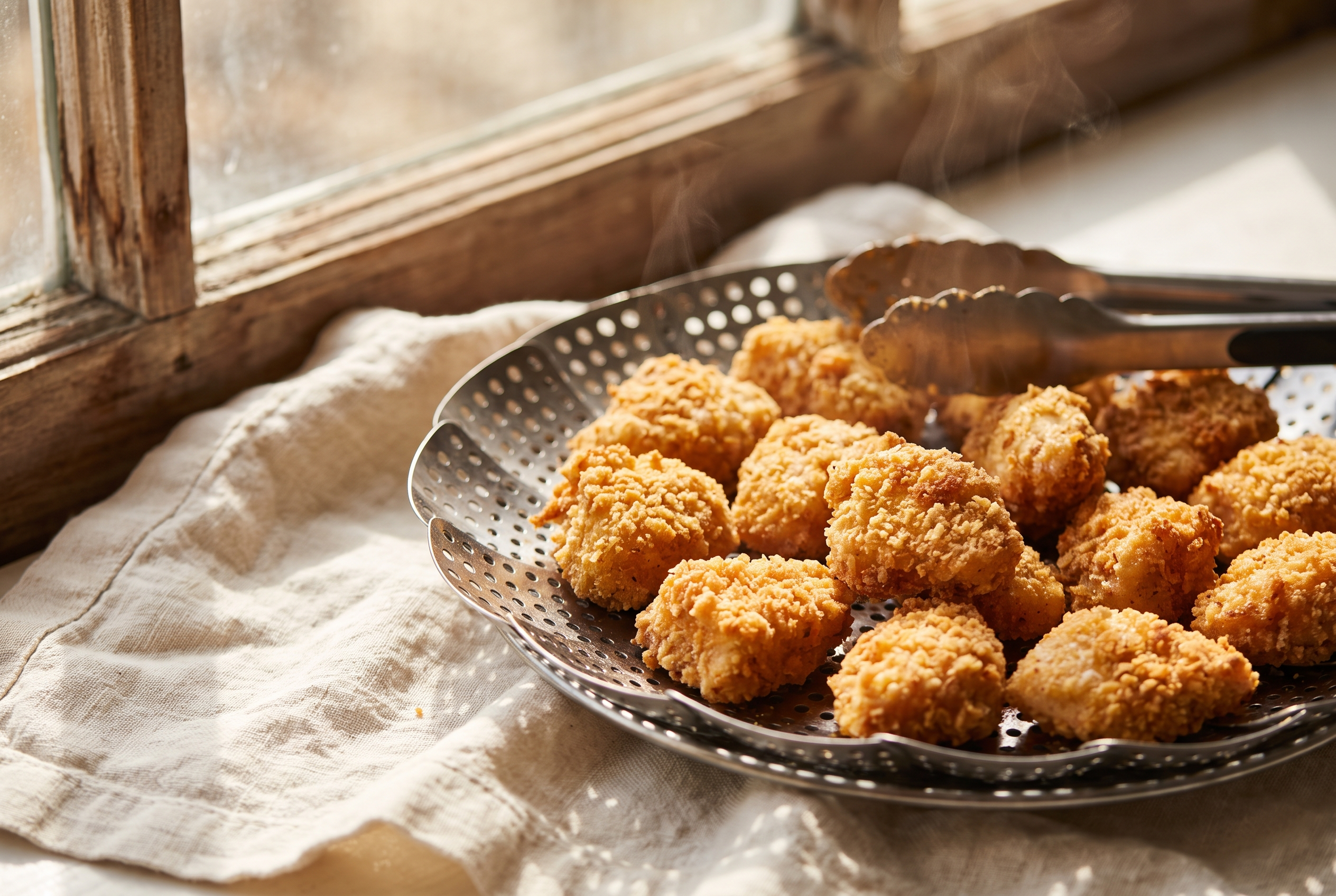 Golden crispy chicken bites in an air fryer basket for bang bang chicken