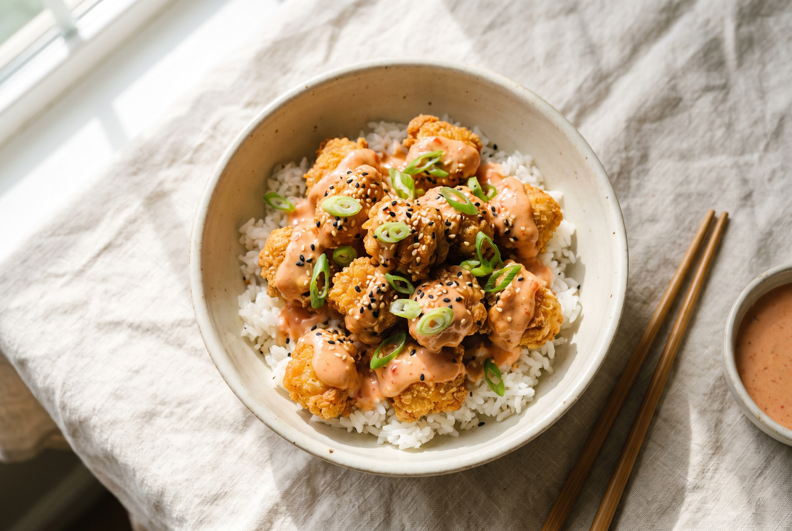 Bang bang chicken bites in a cream bowl — crispy golden chicken tossed in creamy pink sweet chili sauce with scallions over rice, high protein dinner recipe