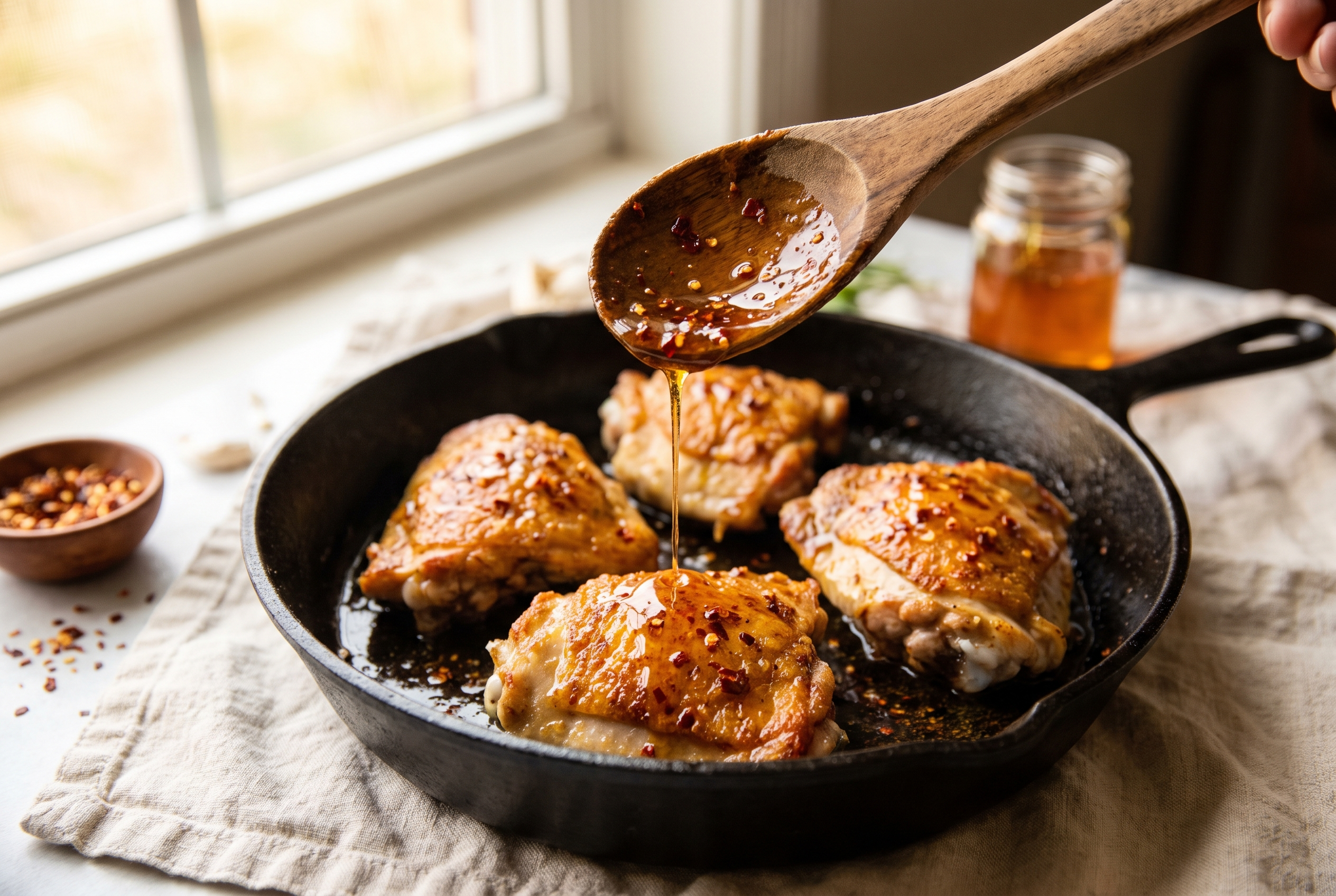 Hot honey glaze with chili flakes being spooned over crispy chicken thighs in a cast iron skillet