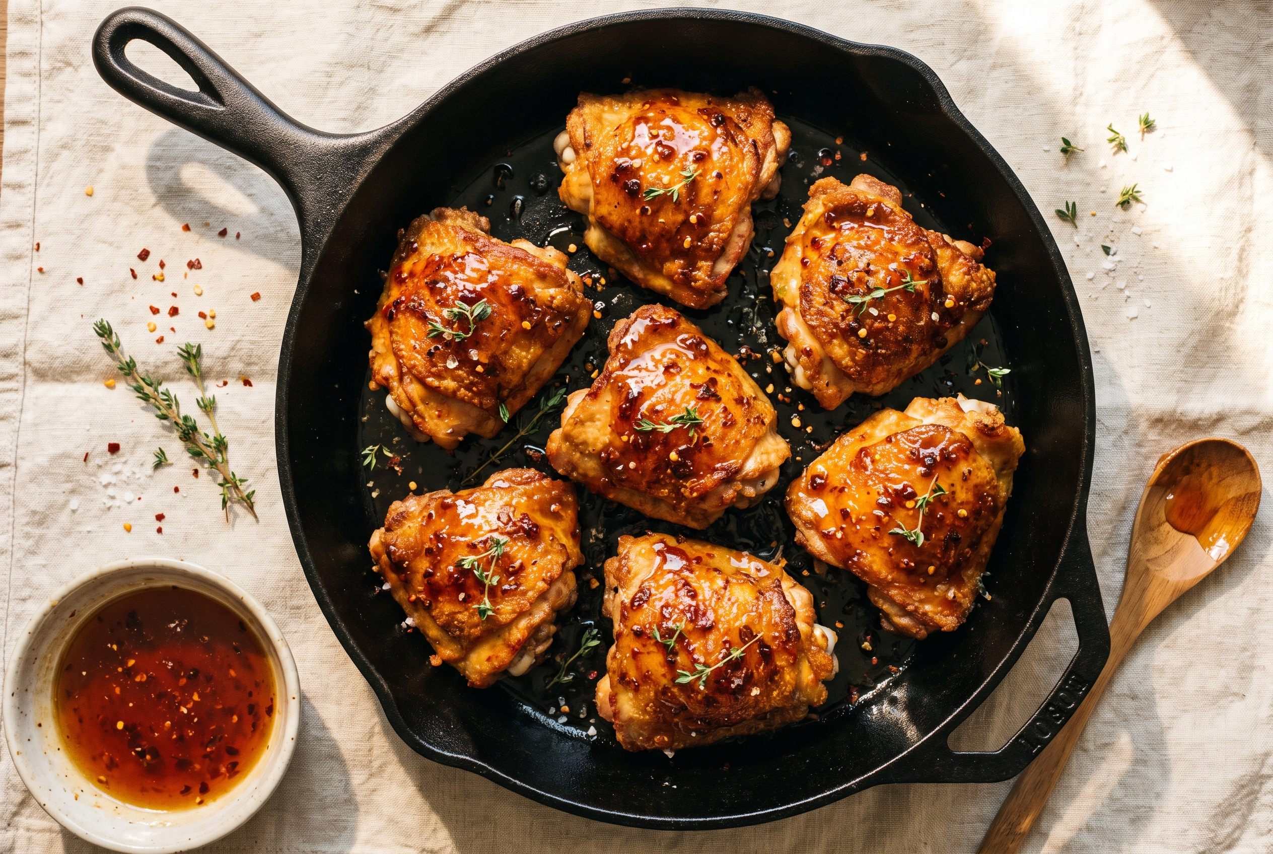 Hot honey chicken thighs in a cast iron skillet — crispy golden skin glazed in glossy chili honey with red pepper flakes and thyme, easy sweet and spicy dinner recipe