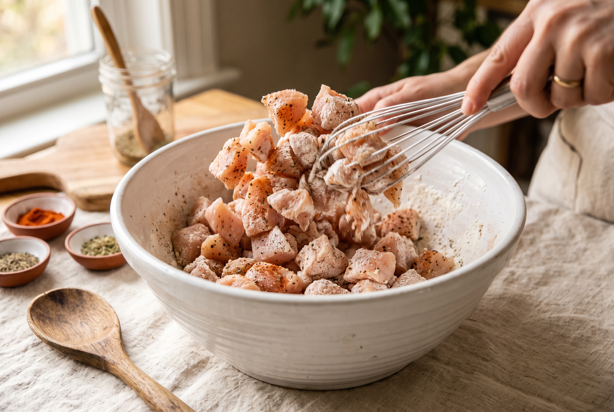 Diced chicken breast being tossed in cornstarch and seasoning in a large bowl for bang bang chicken