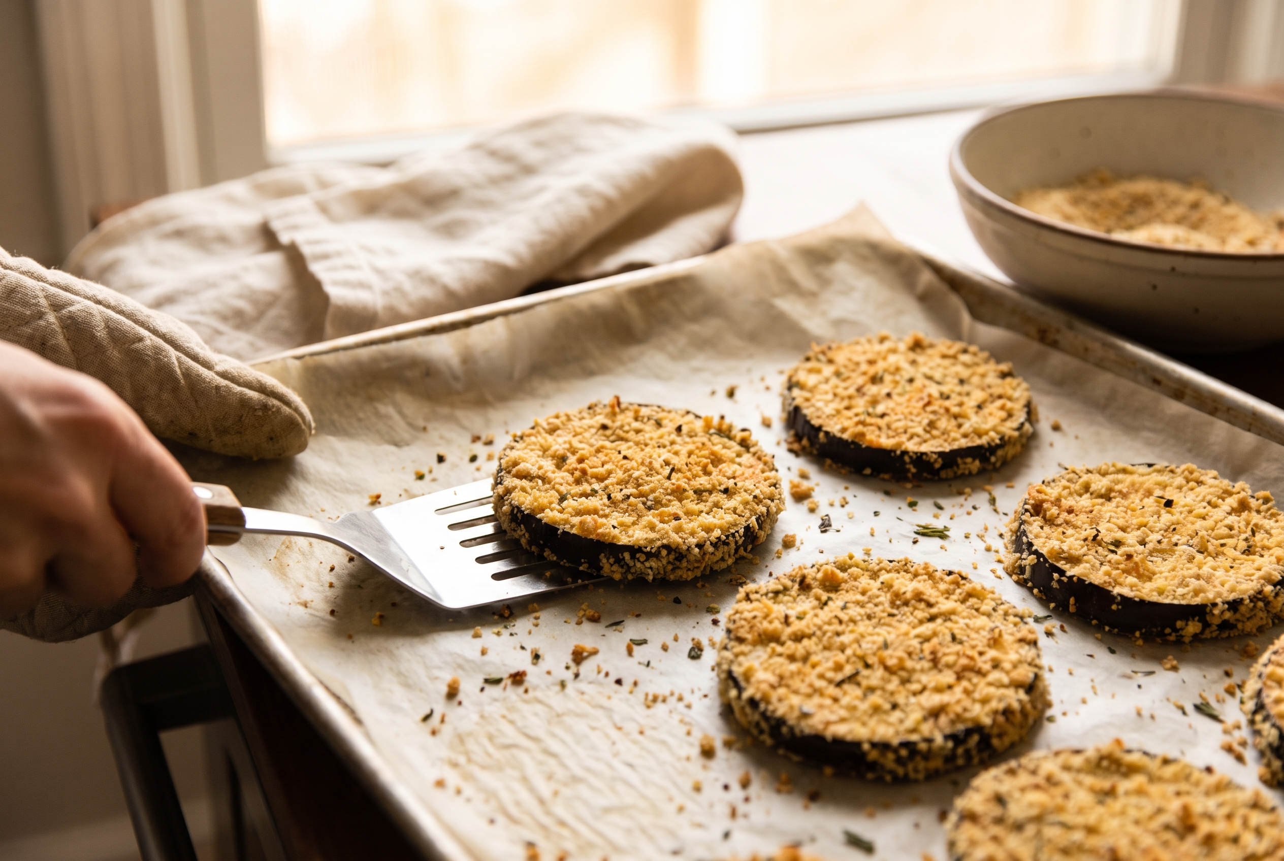 Breaded eggplant slices baked golden and crisp on a sheet pan for eggplant parmesan
