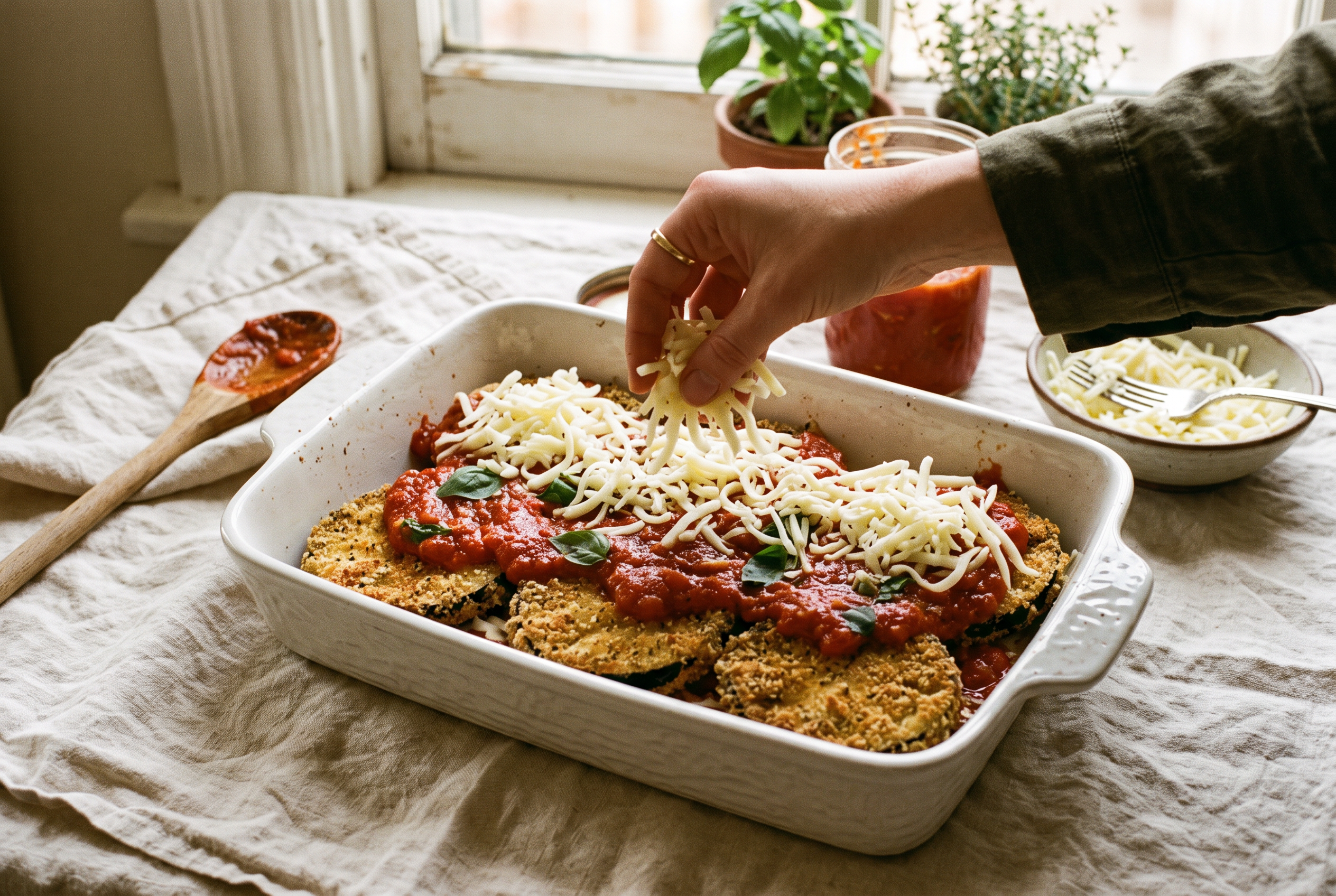 Layers of breaded eggplant, marinara sauce and mozzarella being assembled in a white baking dish